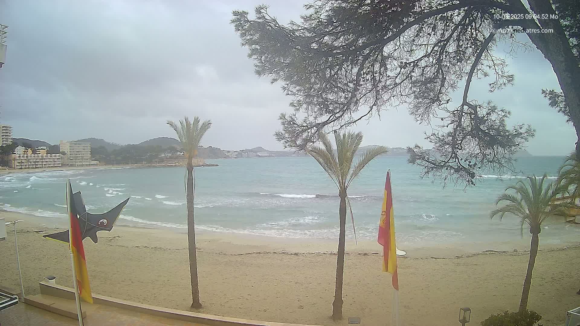 A sandy beach with palm trees and a partly cloudy sky is seen overlooking a calm, turquoise ocean with small waves; rain appears to be falling.