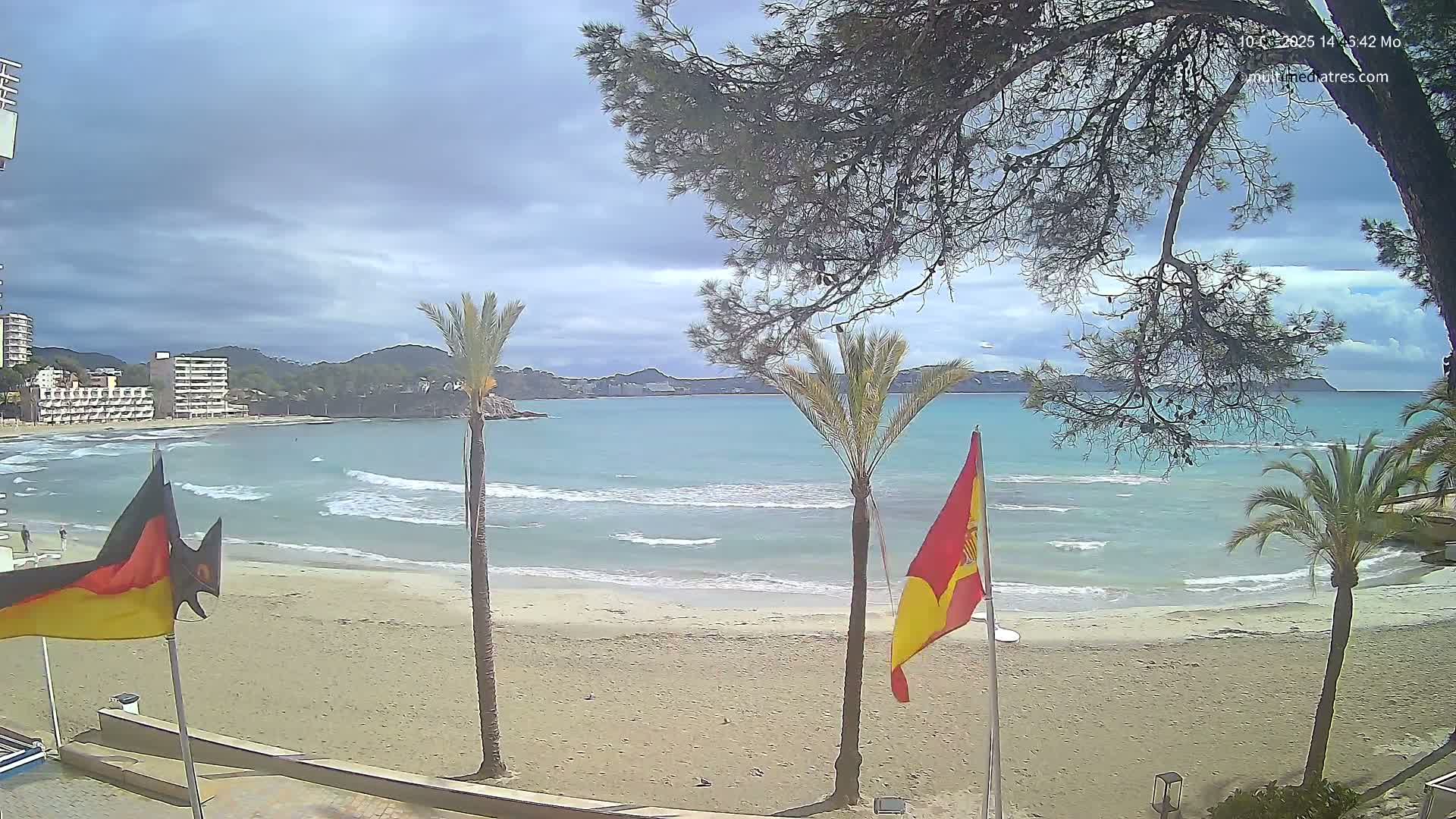 A sandy beach with calm, turquoise water, small waves, palm trees, and flags is seen under a partly cloudy sky.