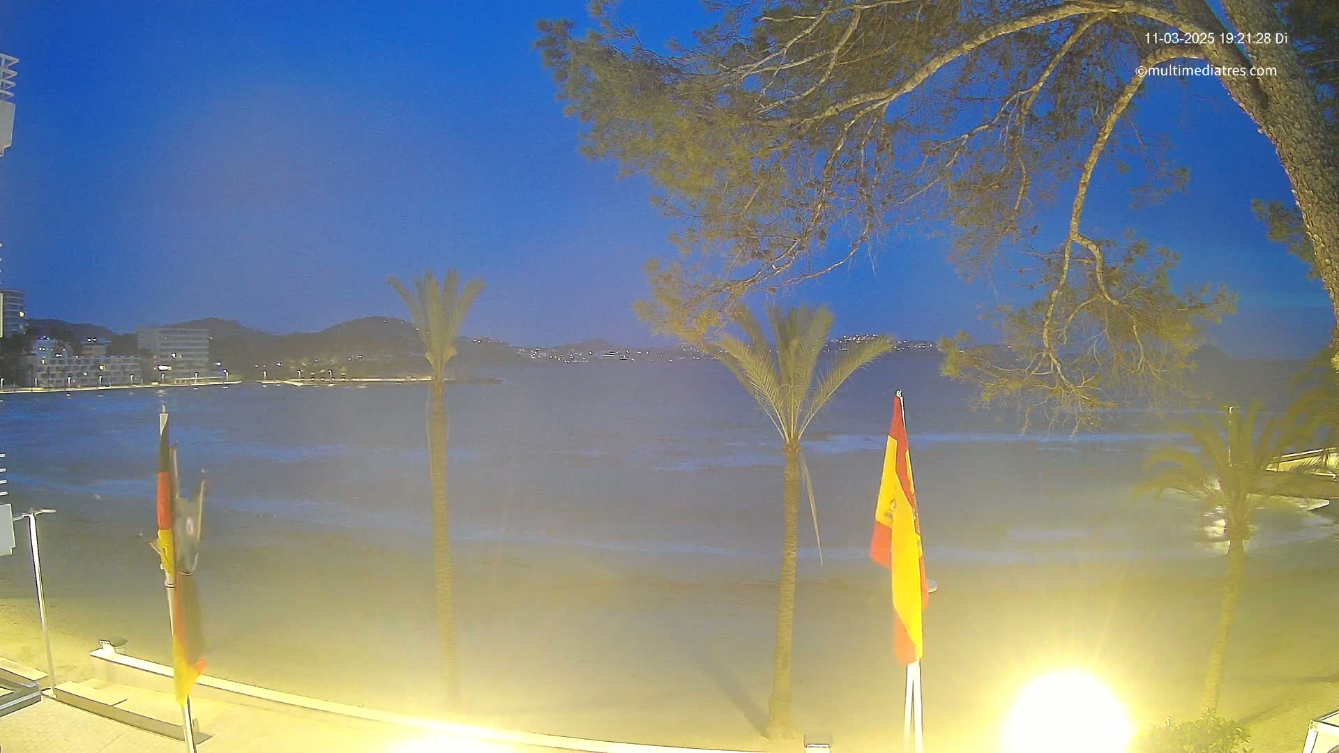 A twilight view of a beach at night, showing a calm sea with small waves under a clear, dark-blue sky, palm trees, and flags on poles.