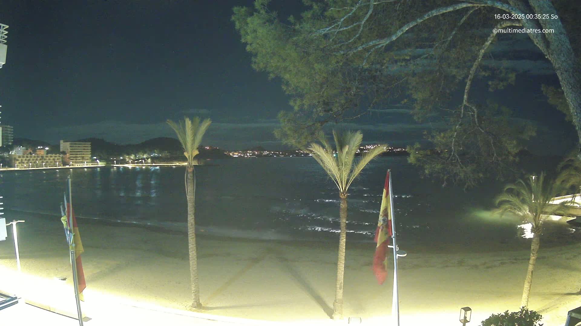 A nighttime view of a sandy beach, calm water, and a town across the bay under a mostly clear sky, with palm trees and flags in the foreground.
