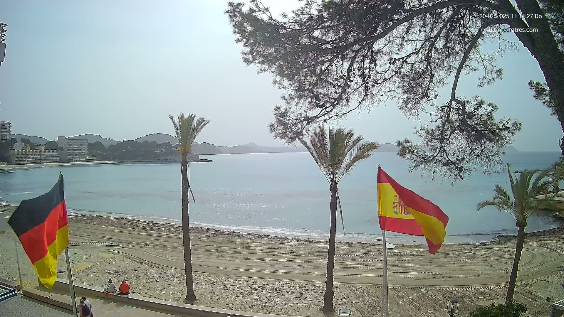 A sandy beach with calm, light-blue water, palm trees, and two flags—a German flag and a Spanish flag—under a hazy sky.