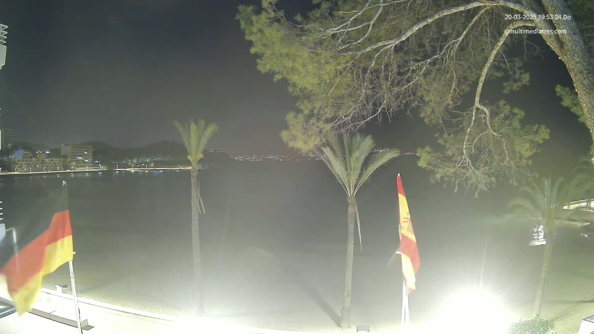 A nighttime view of a calm body of water with a sandy shore, palm trees, and flags of Germany and Spain, under a clear, dark sky.