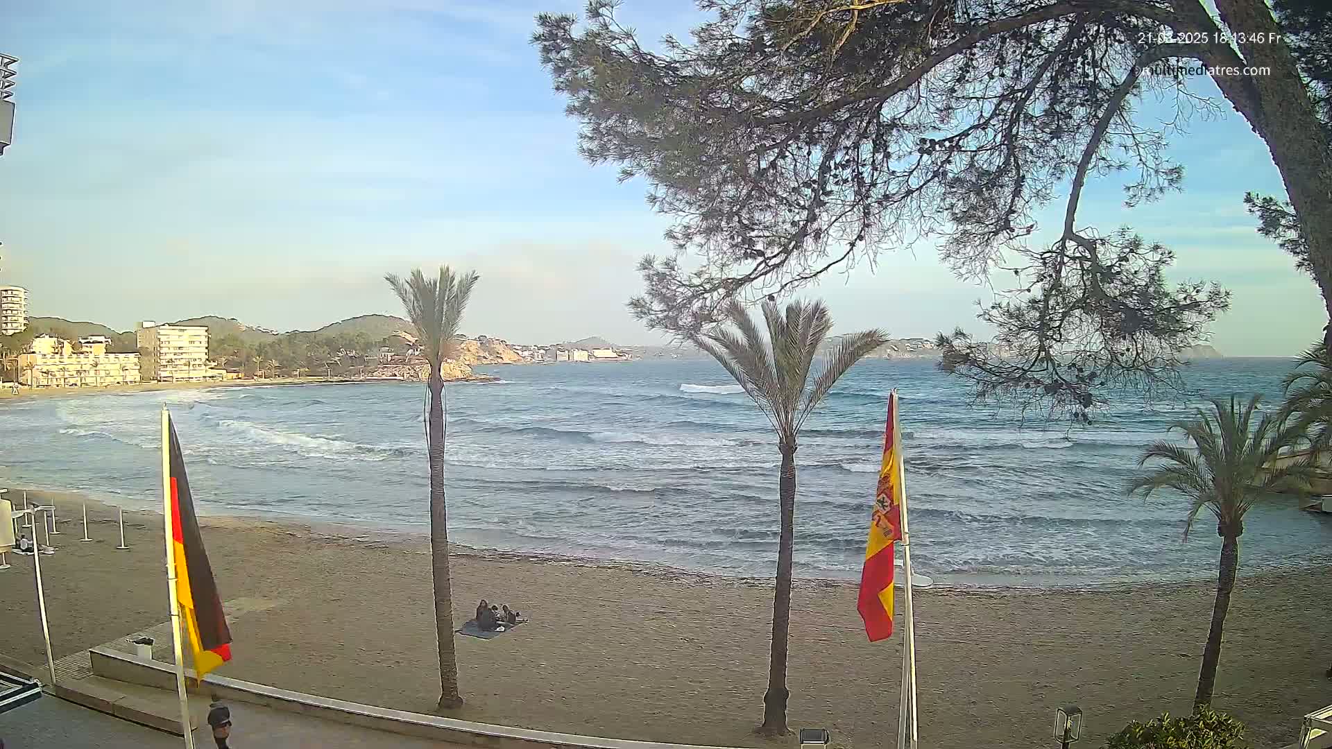 A sandy beach with moderate waves under a mostly clear sky is bordered by palm trees and buildings, with two flags visible.