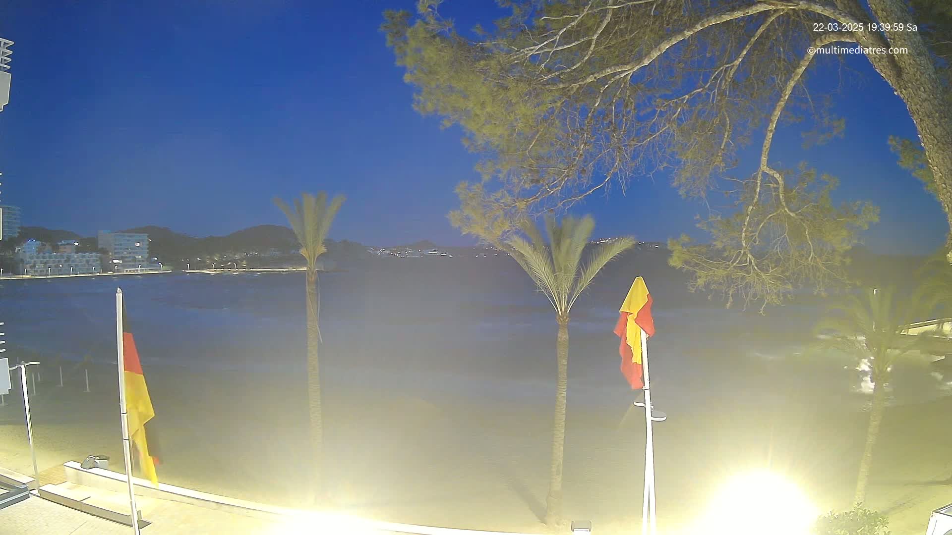 A nighttime beach scene shows a partly cloudy twilight sky over calm water with gentle waves, palm trees, and flags on poles near a shoreline with buildings in the distance.