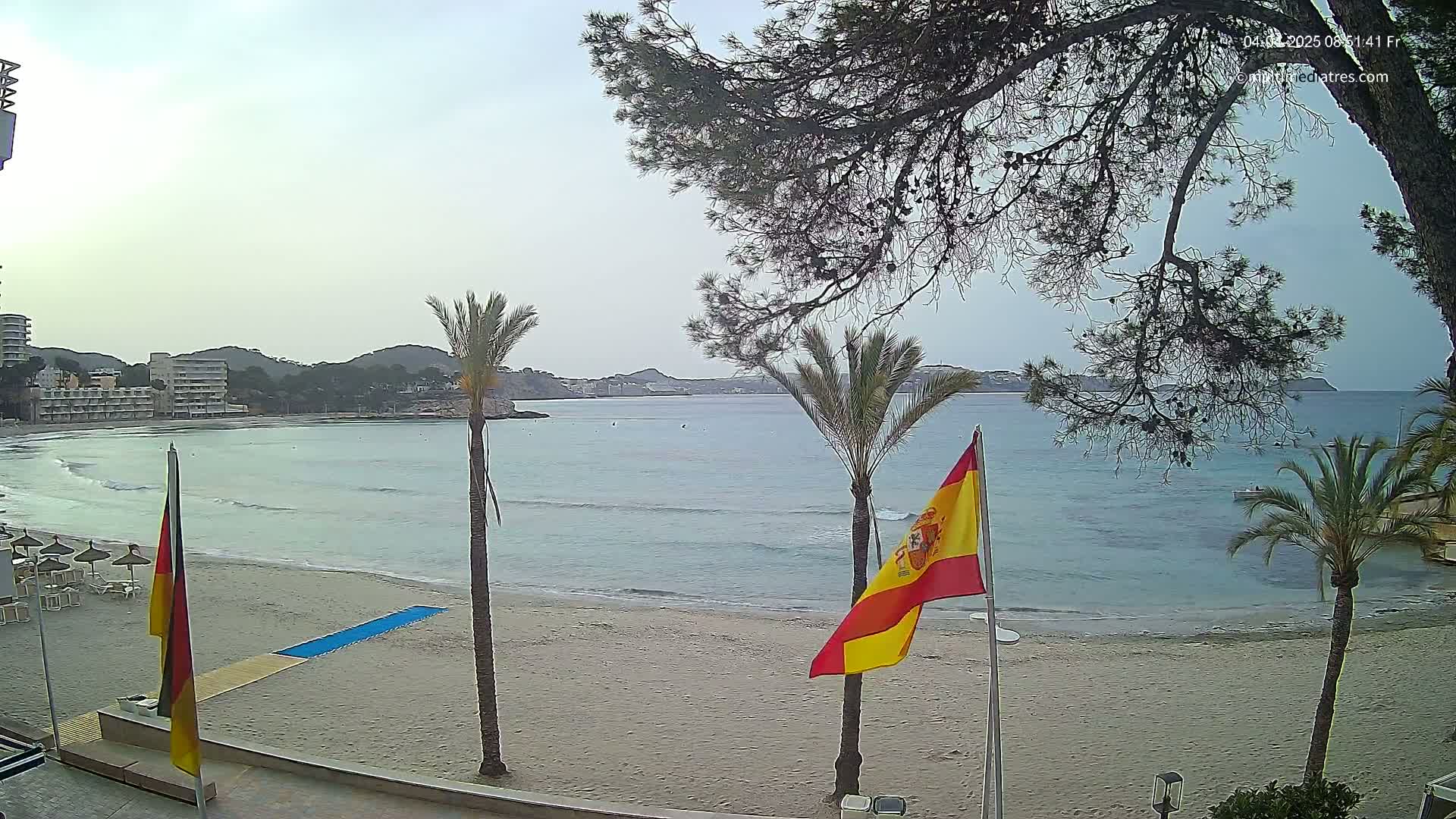 A sandy beach with calm, light blue water, palm trees, and flags is visible under an overcast sky.