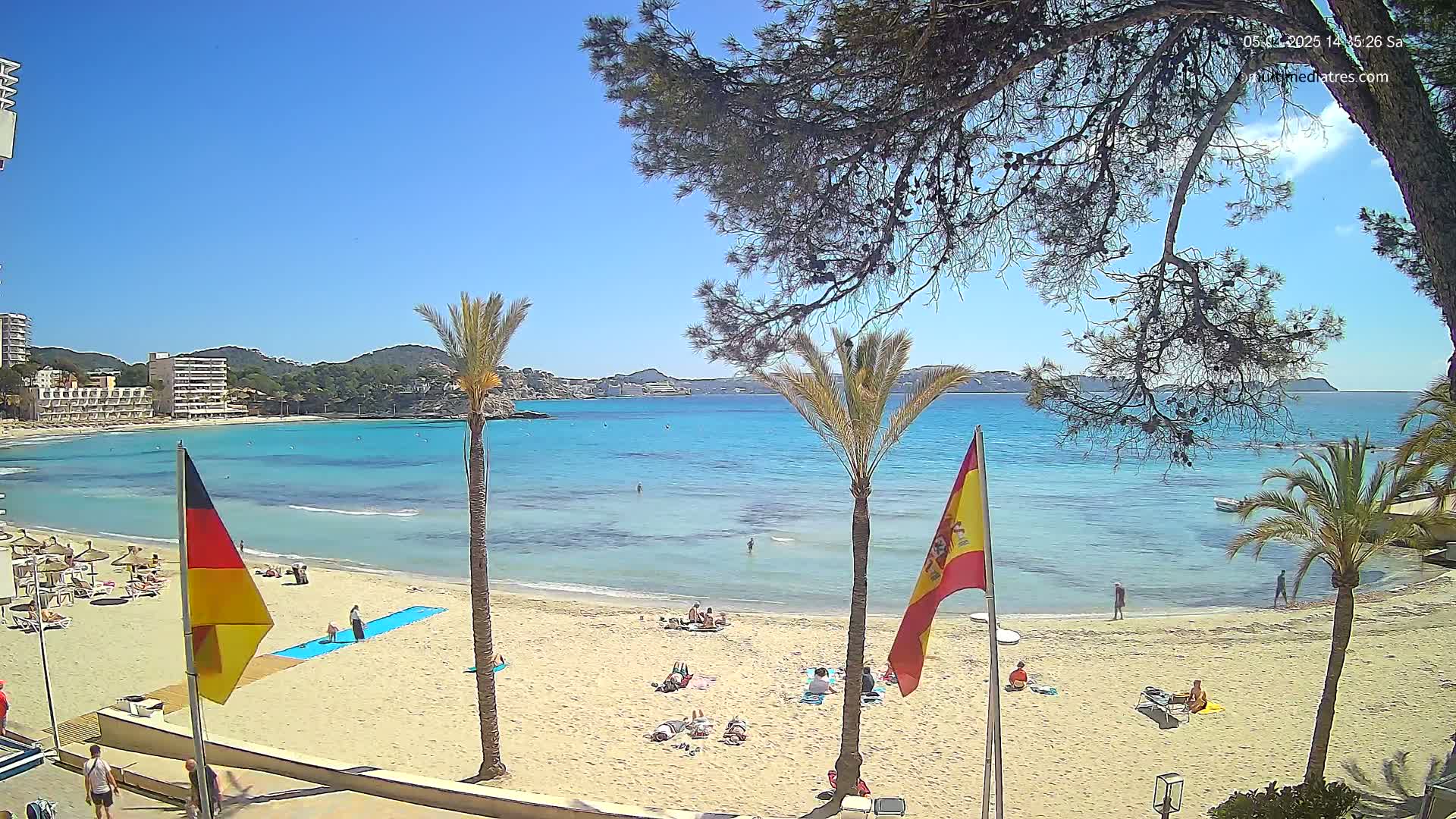 A sandy beach with calm, turquoise water, palm trees, and several people relaxing under a clear blue sky.