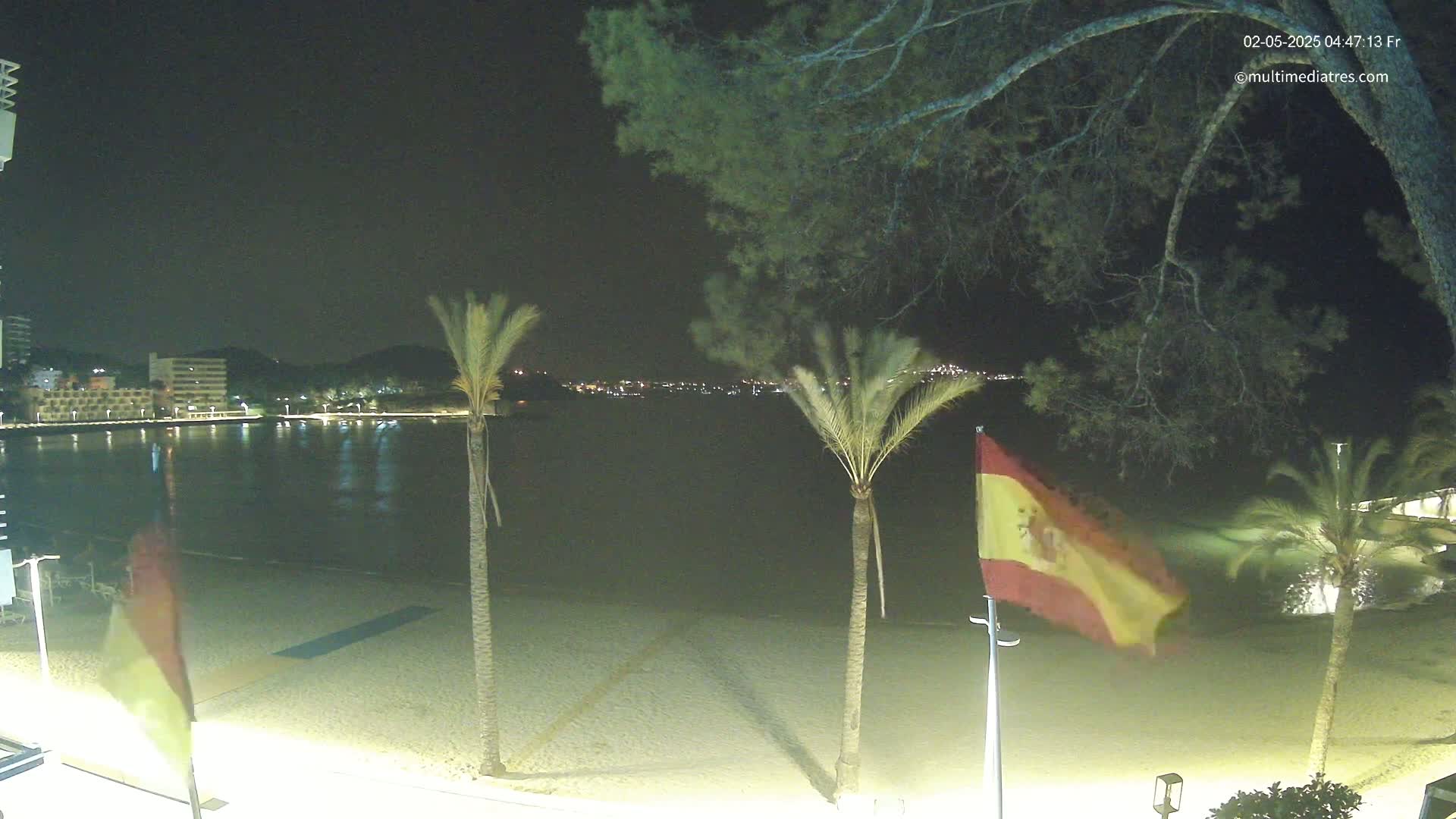 At night, a sandy beach is illuminated, with palm trees and a Spanish flag waving gently in the breeze, overlooking a calm body of water and a distant cityscape.