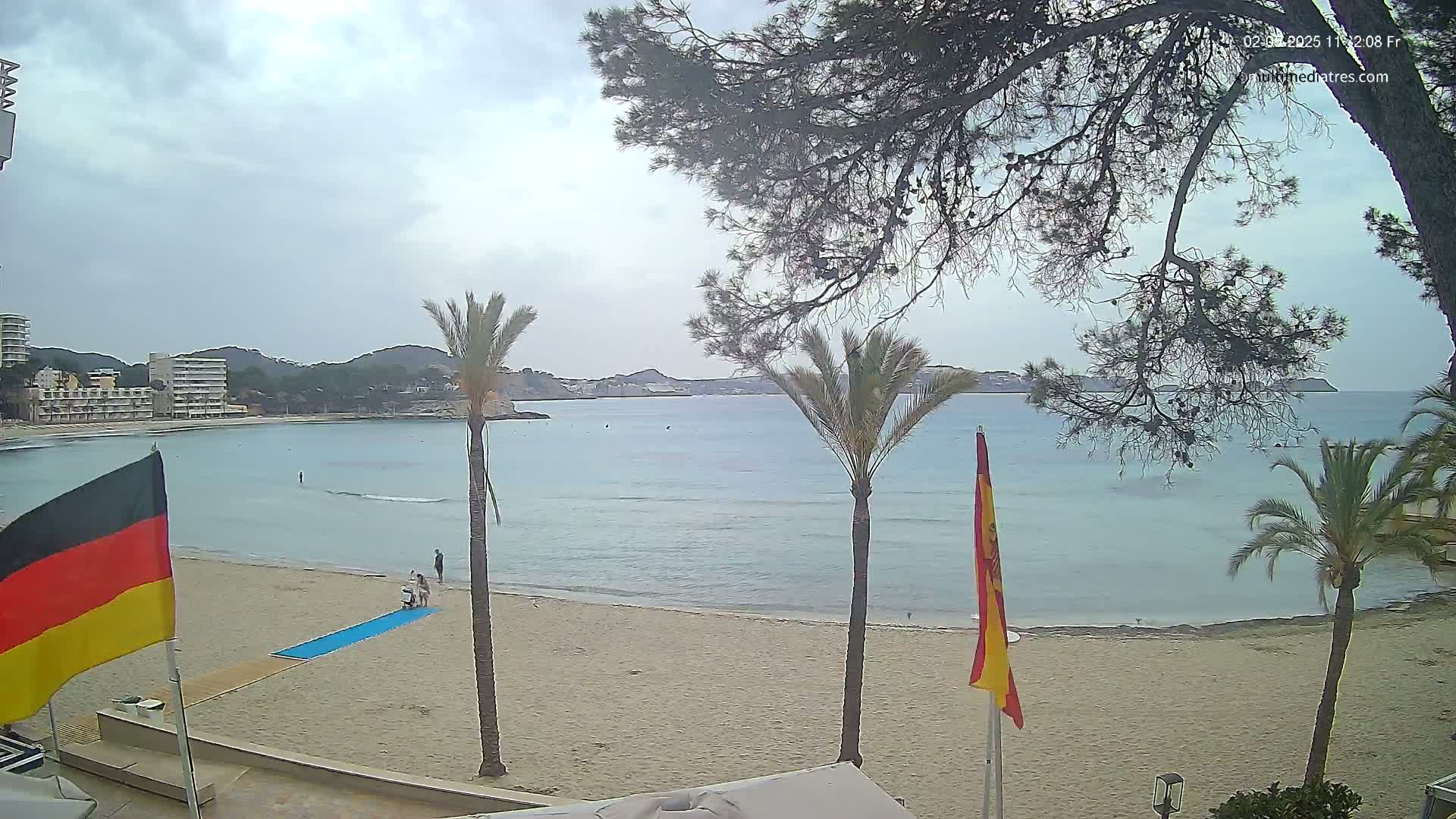 A sandy beach with calm, light blue water, palm trees, and buildings in the background under an overcast sky.