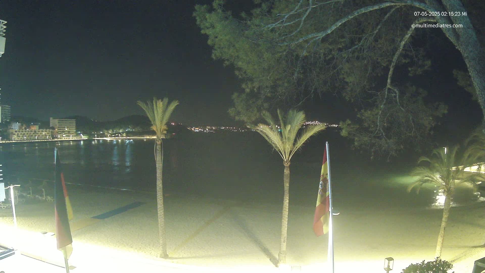 A nighttime view of a sandy beach with palm trees, flags, and a calm body of water, beyond which city lights are visible under a dark sky.