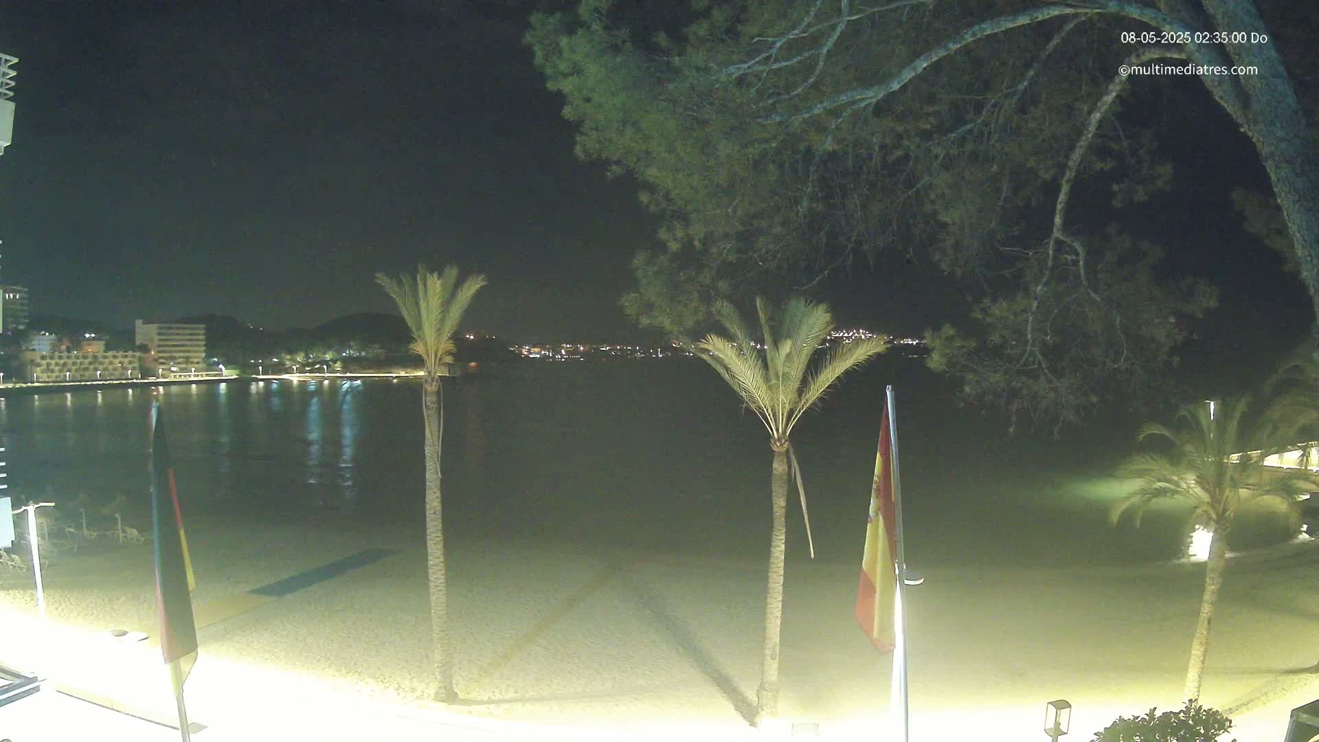 At night, a sandy beach with palm trees and flags is visible, overlooking a calm body of water with lights from buildings across the water.