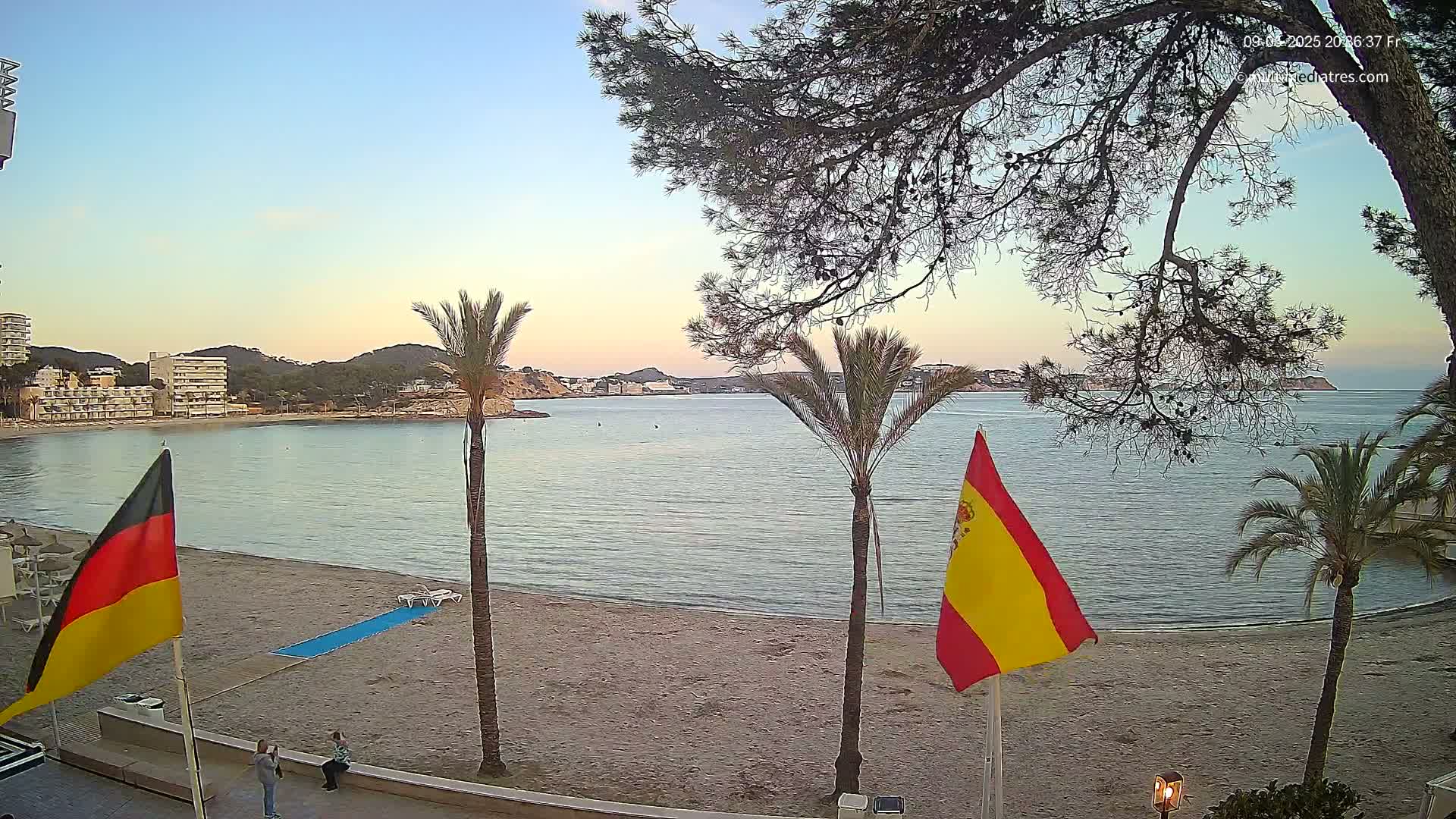 A sandy beach with calm water and buildings in the background under a clear twilight sky, two palm trees and two flags are in the foreground.
