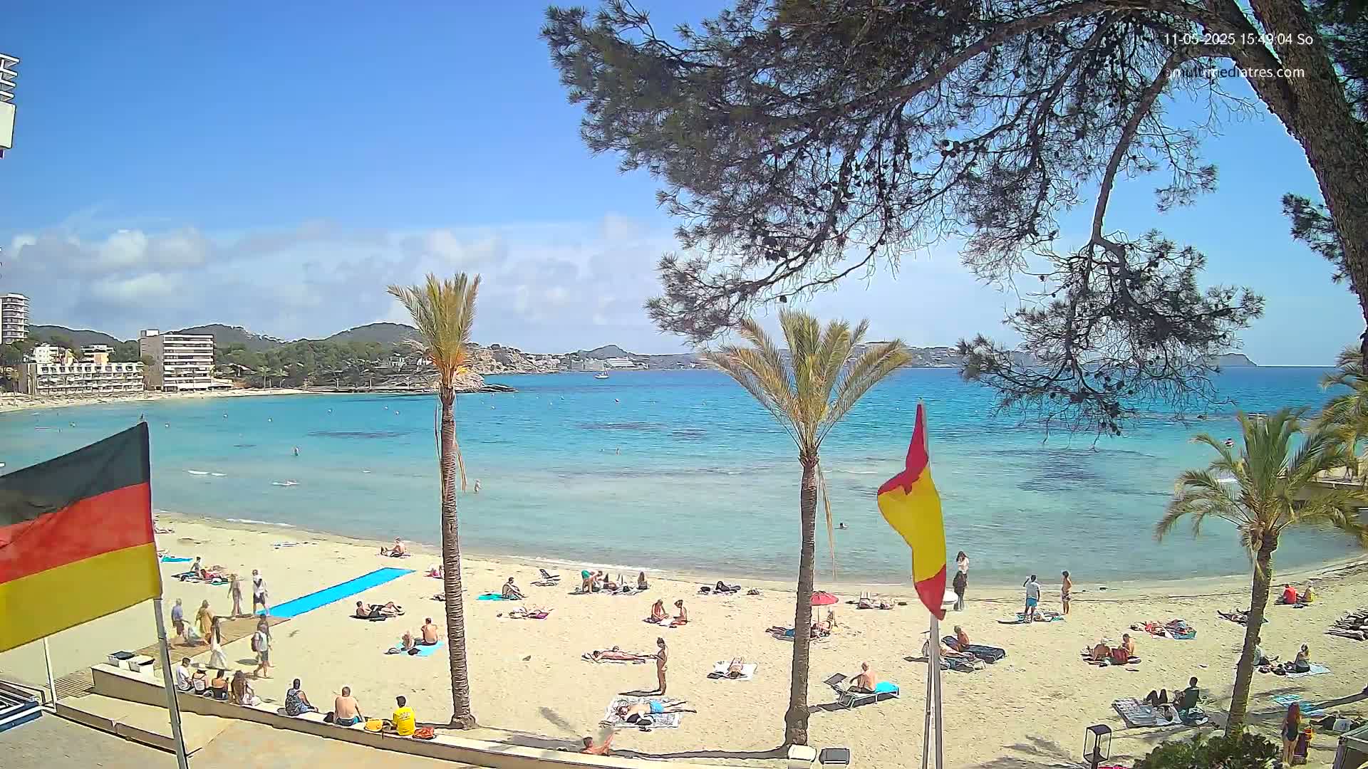 A sunny beach scene shows a sandy shore with scattered sunbathers, calm turquoise water, and palm trees, all under a mostly clear sky.