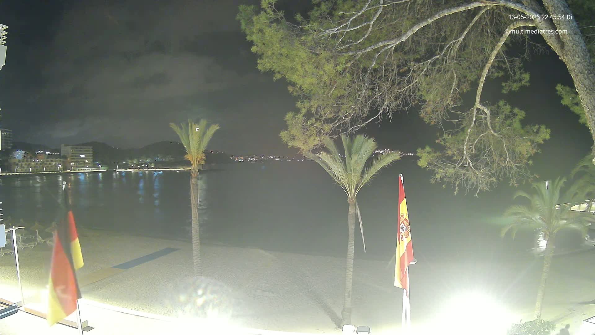 A nighttime view of a calm beach with palm trees, a few flags, and a town illuminated across the water under a cloudy sky.