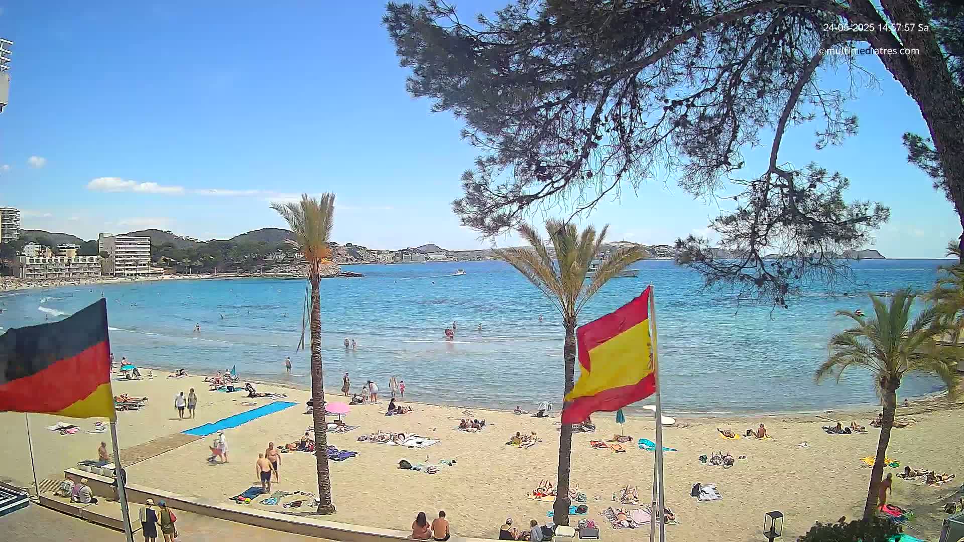 A sunny beach scene shows a sandy shore with scattered sunbathers, calm blue water, and palm trees, with buildings and hills visible in the background.