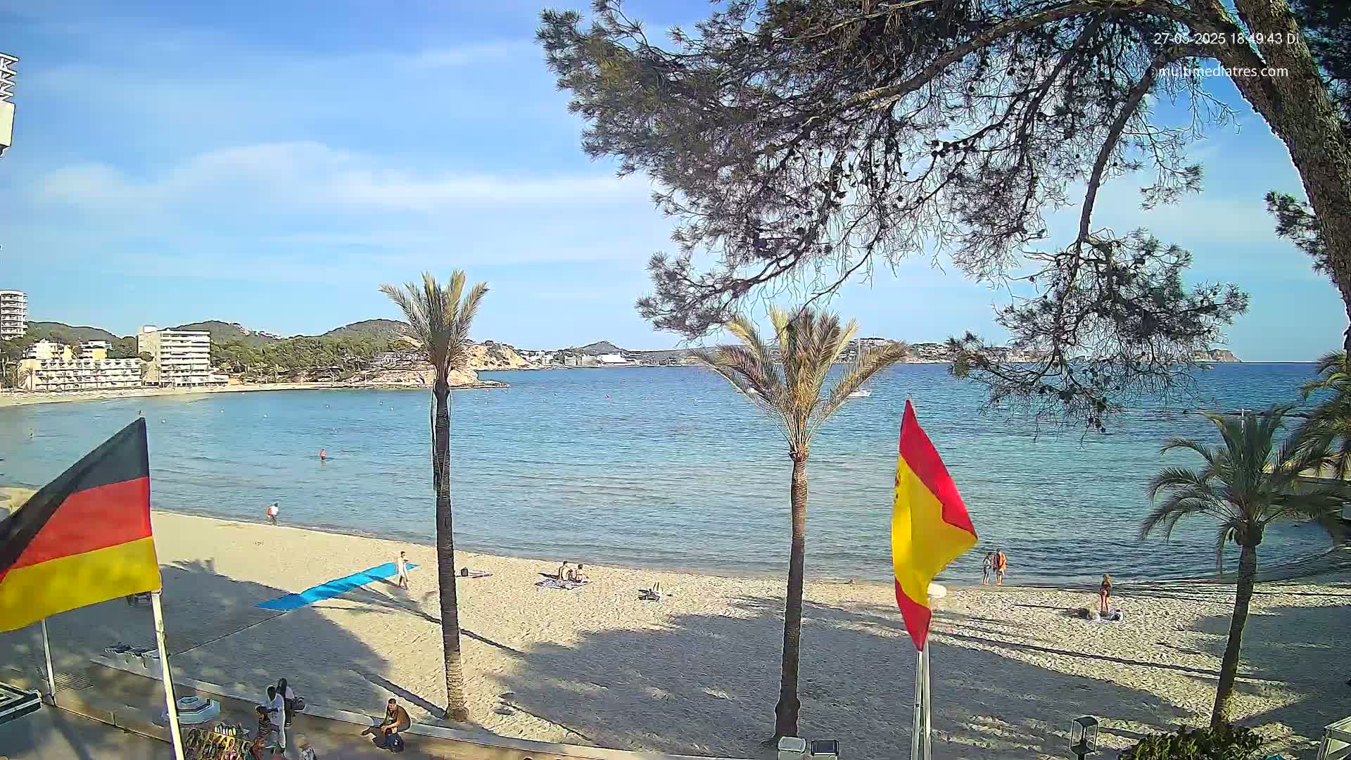 A sandy beach with palm trees and flags, overlooking a calm blue sea and distant hills under a clear sunny sky.