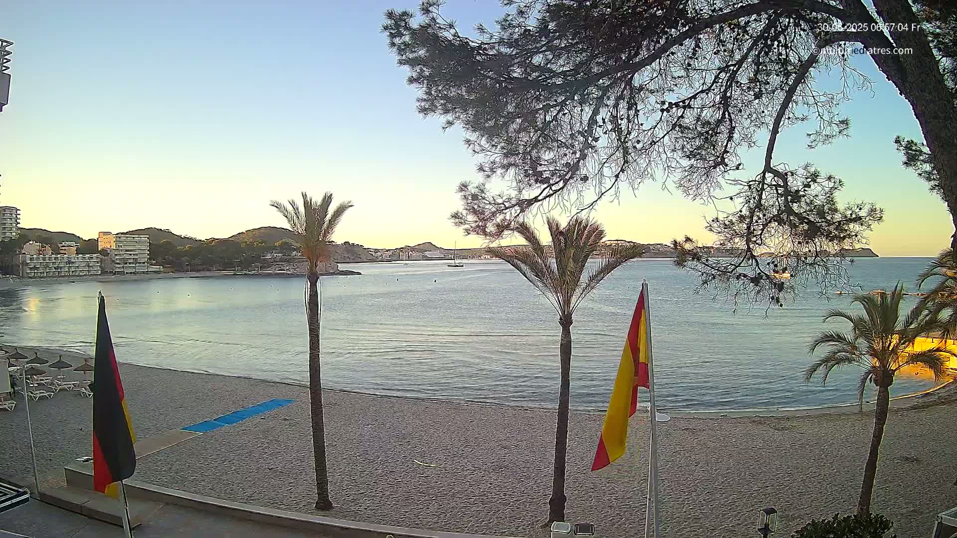 A sandy beach with calm water, palm trees, and flags under a clear sky at sunrise.
