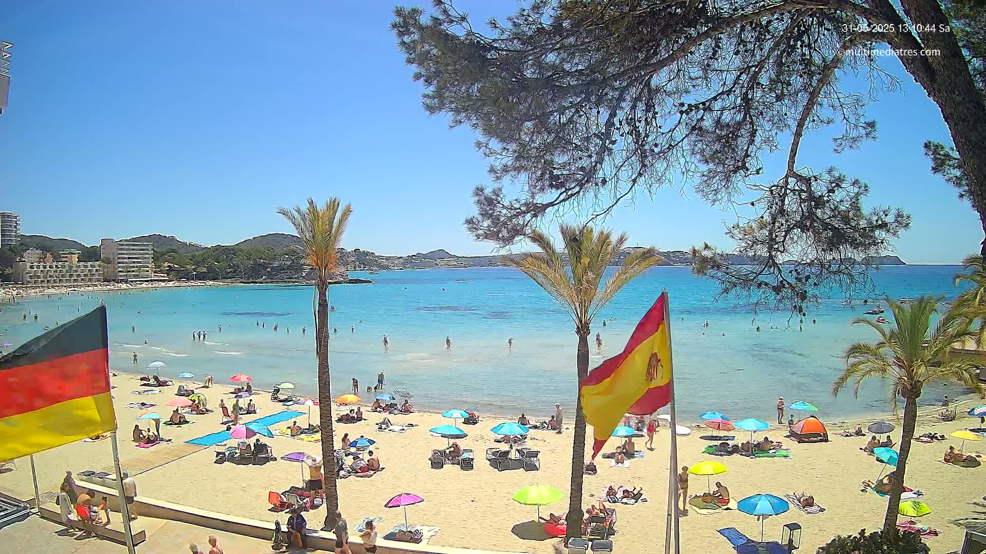 A sunny beach scene shows a sandy shore crowded with beachgoers under colorful umbrellas, calm turquoise water with people swimming, and palm trees lining the beach, all under a clear blue sky.