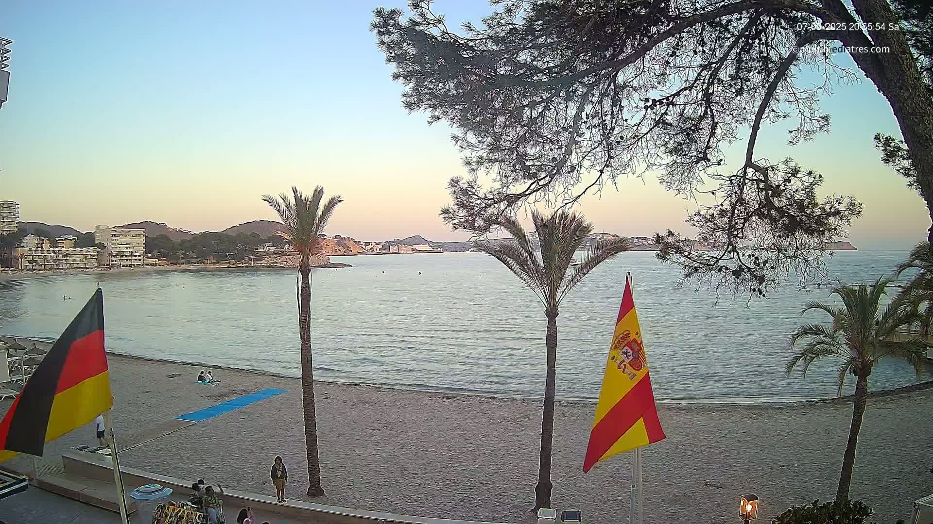 A sandy beach with calm water, palm trees, and flags is seen at sunset under a clear sky.