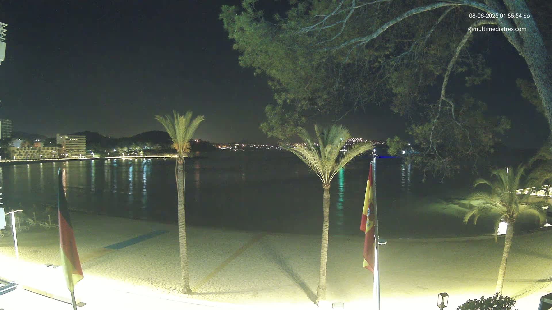 A nighttime view of a sandy beach with palm trees, calm water reflecting lights from buildings across the bay under a clear, dark sky.