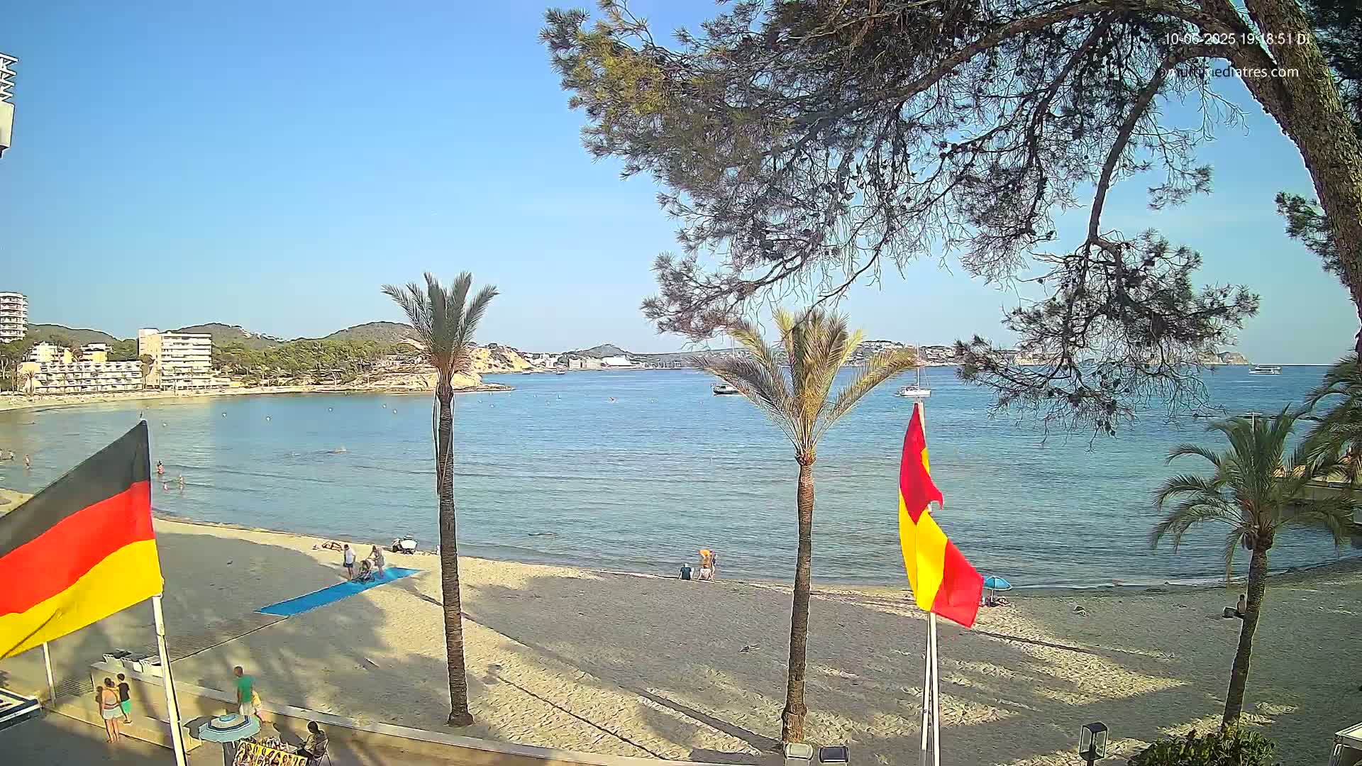 A sandy beach with calm blue water, palm trees, and flags is viewed from a slightly elevated position on a sunny day.
