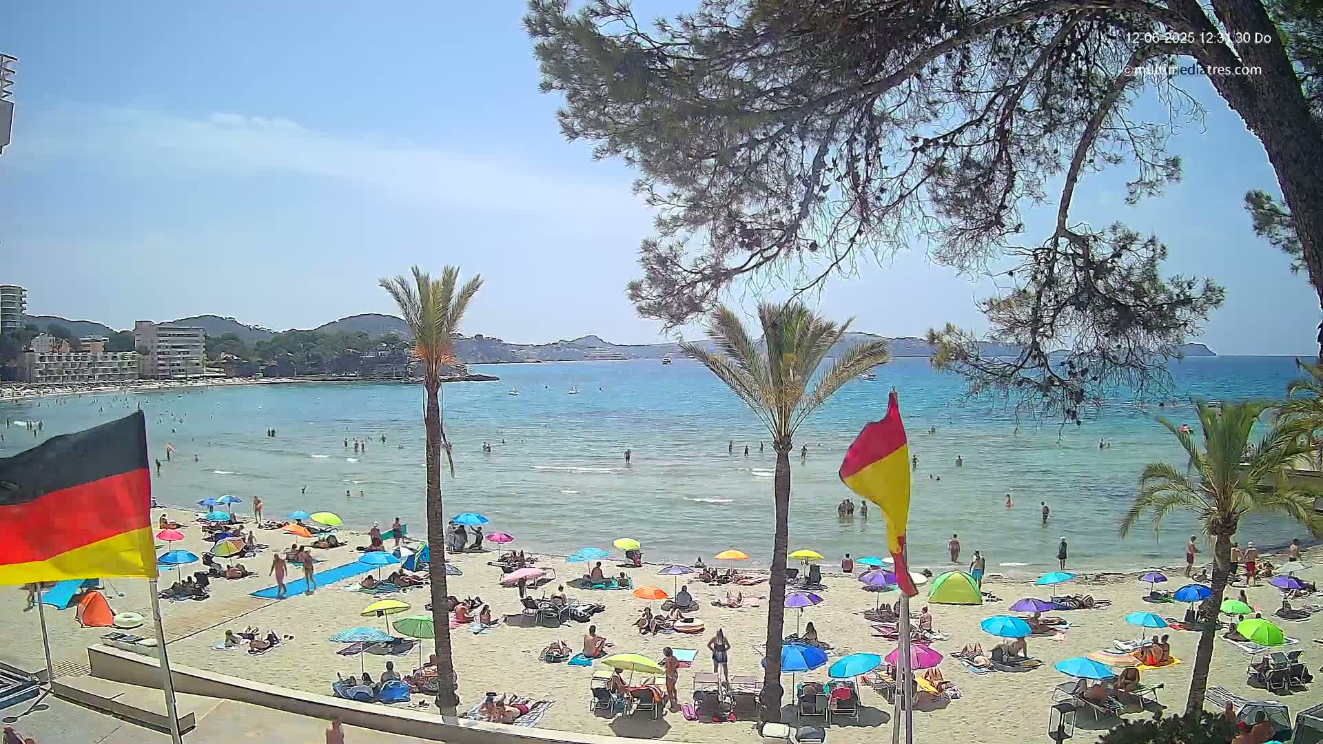 A sunny beach scene shows a sandy shore filled with colorful umbrellas and beachgoers, calm, clear water, and palm trees, backed by buildings and hills under a mostly clear sky.