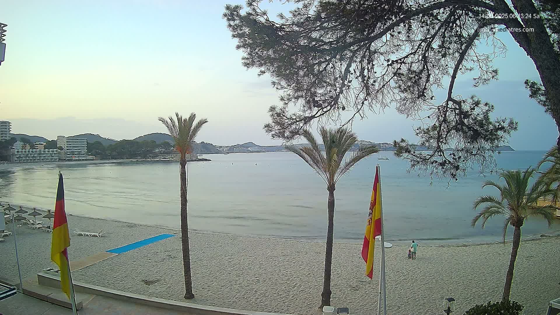 A sandy beach with scattered sunbathers and palm trees, overlooks a calm, turquoise sea under a clear, sunny sky.