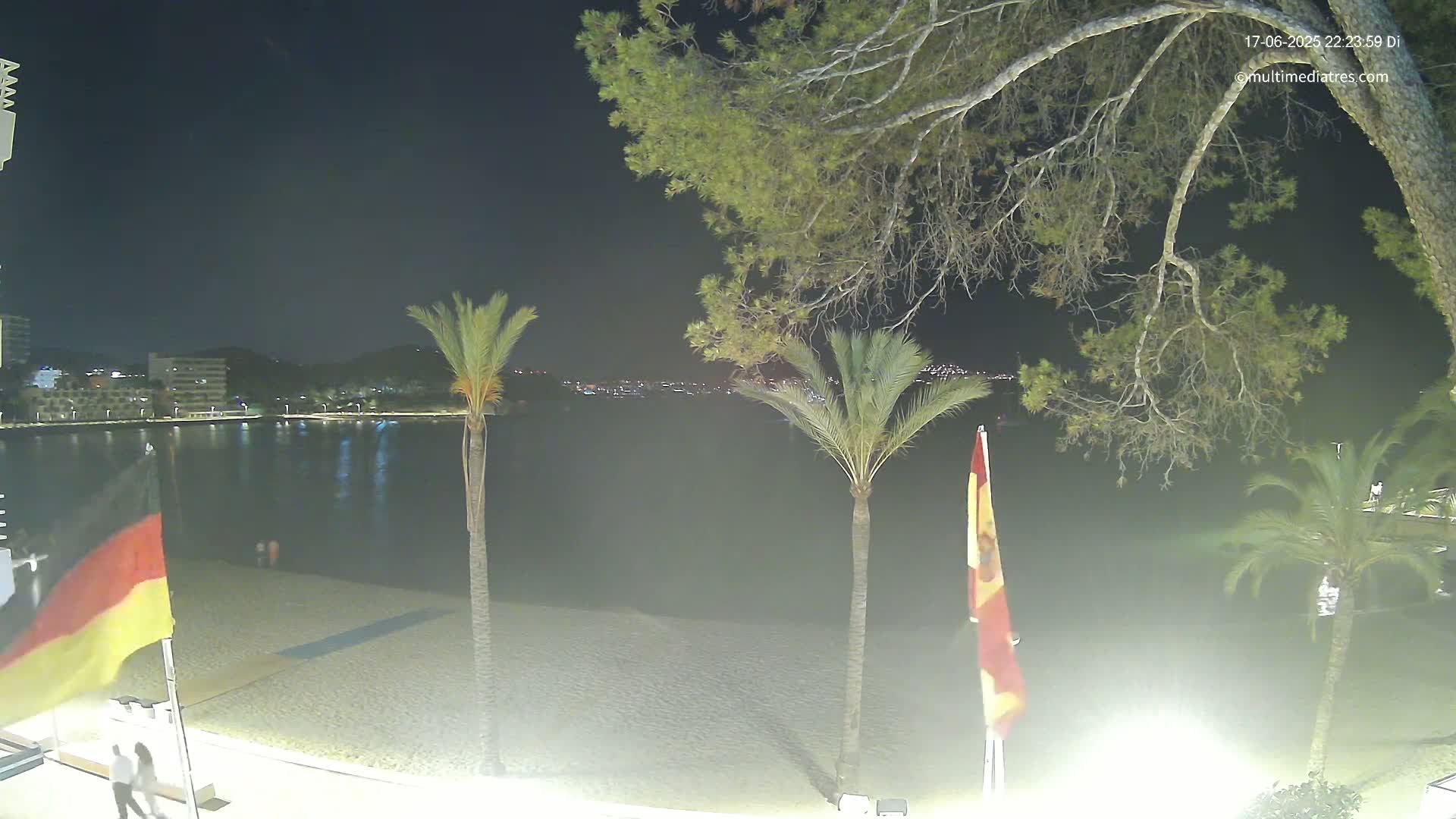A nighttime view of a beach with calm water, palm trees, and flags, showing a town across the water with lights.