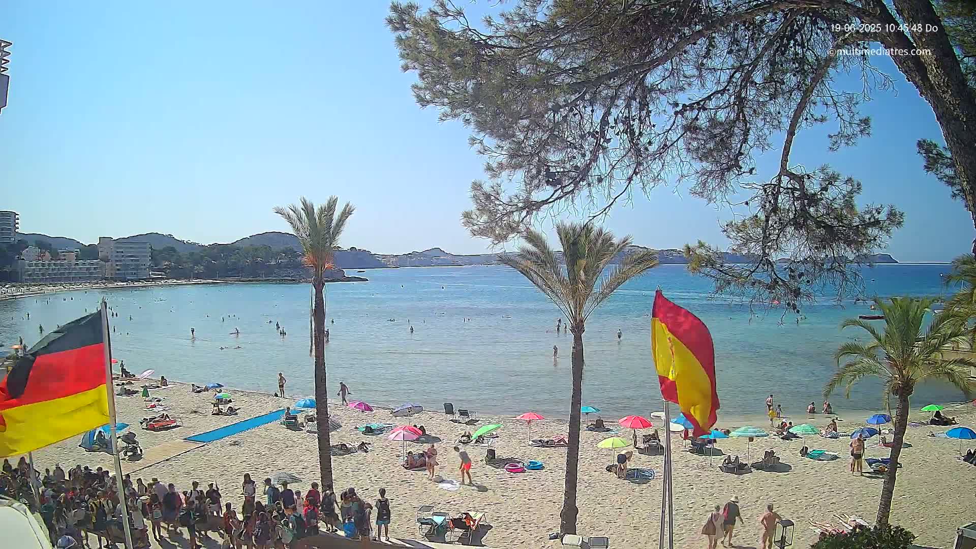 A sunny day at a beach with calm, clear water, people swimming and sunbathing, and palm trees on the sand.