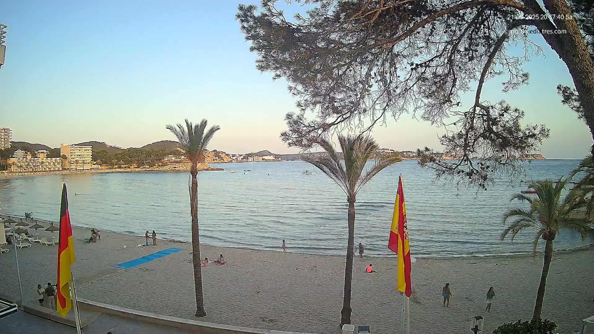 A sandy beach with a few people on it is shown, with calm water and several palm trees in the foreground, under a clear evening sky.