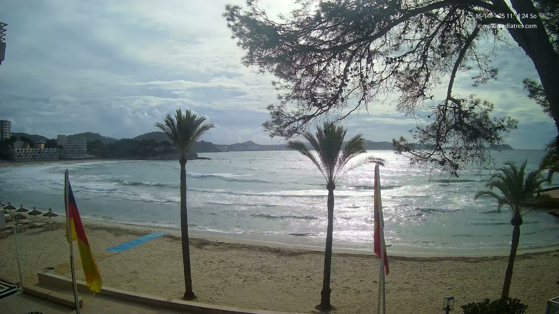 Under a mostly cloudy sky, a sandy beach with palm trees and gentle waves stretches towards a bay lined with distant buildings and hills, with two flags visible in the foreground.