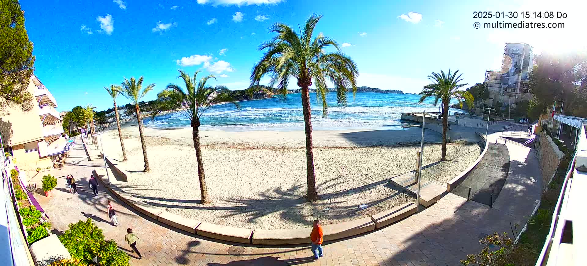 A sandy beach with palm trees and some people walking along a paved walkway on a sunny day with light waves in the ocean.