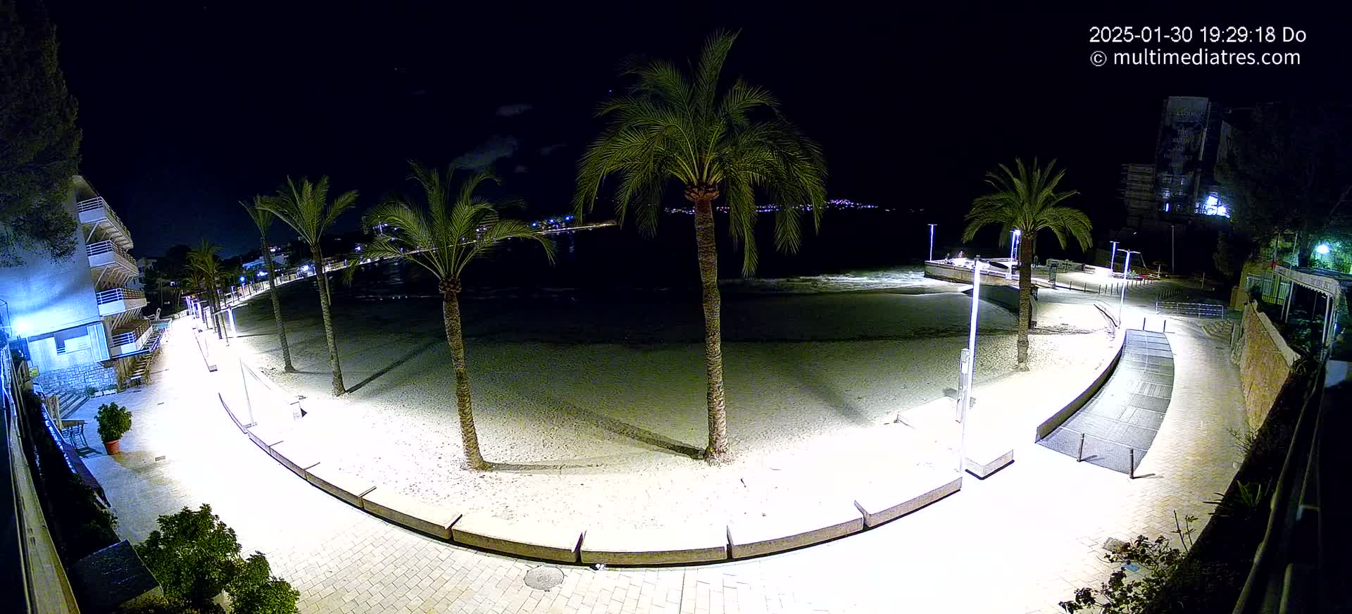 A nighttime view of a sandy beach, palm trees, and a curving illuminated walkway bordering the water.