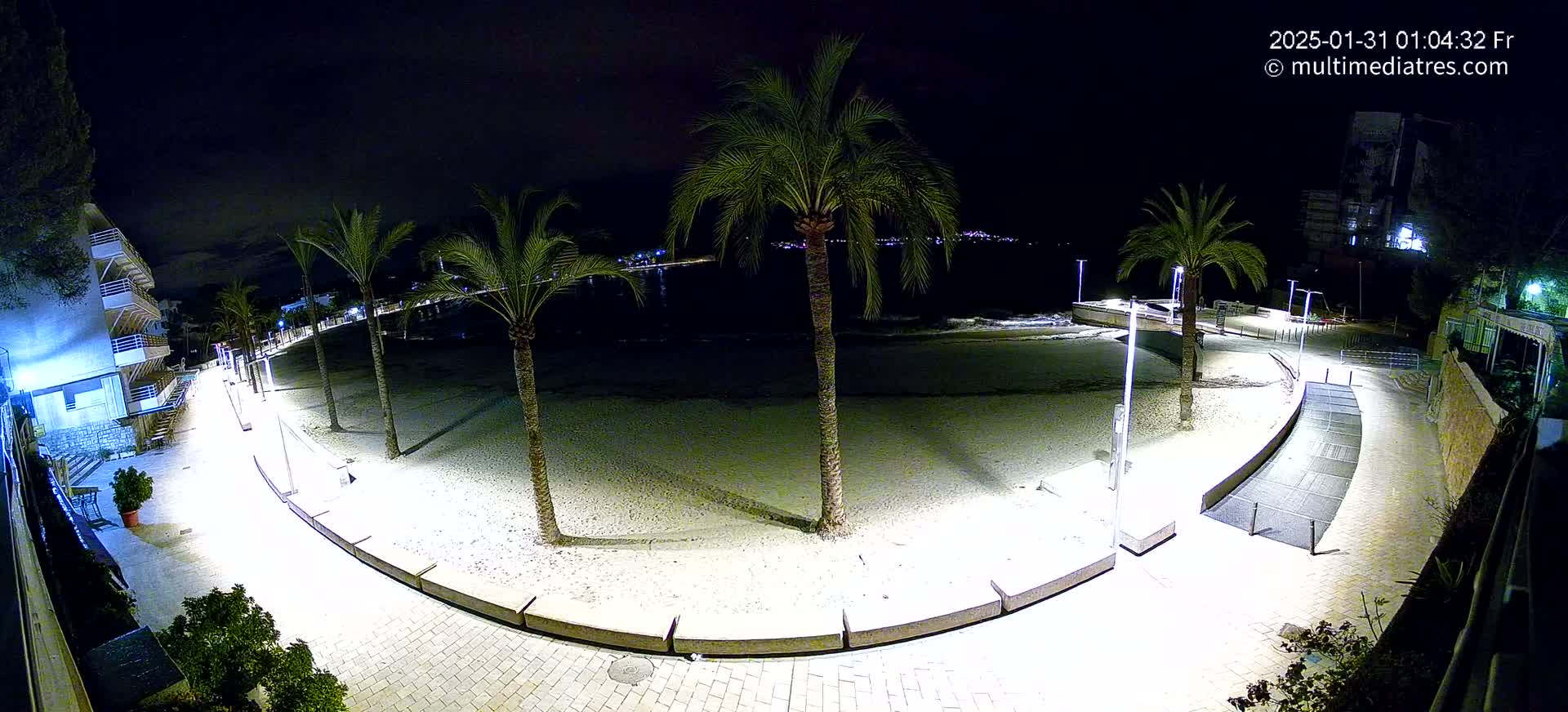 A nighttime view of a sandy beach, palm trees, and a paved walkway illuminated by lights, overlooking a calm body of water.