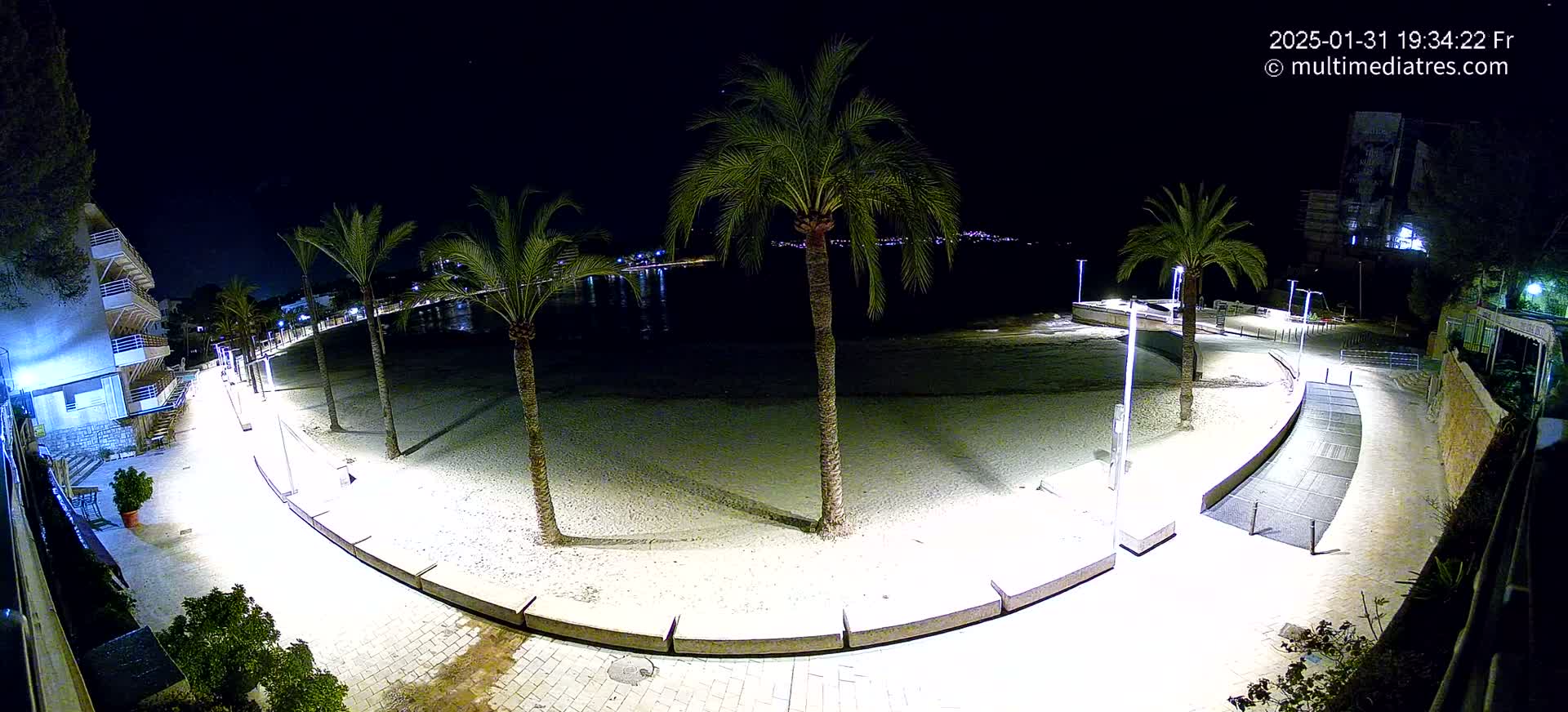 A brightly lit, curved walkway at night leads to a sandy beach bordered by palm trees, with city lights visible in the distance under a clear, dark sky.