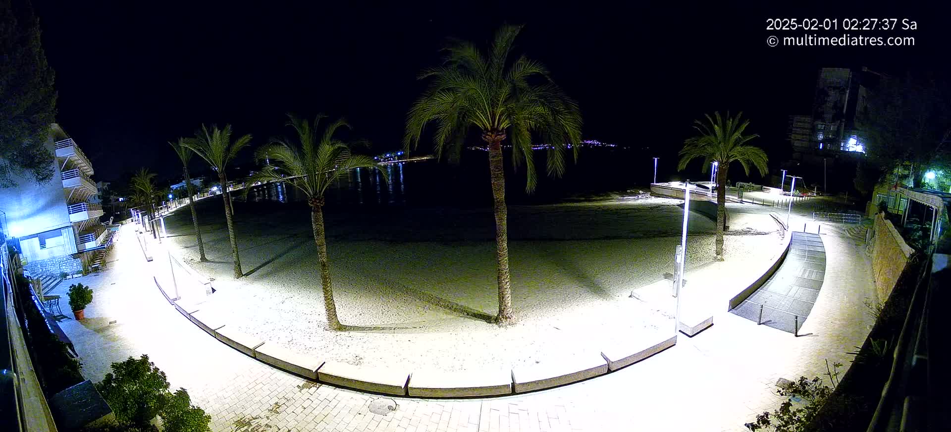 A nighttime, illuminated view of a sandy beach curving around a paved walkway lined with palm trees, bordered by buildings.
