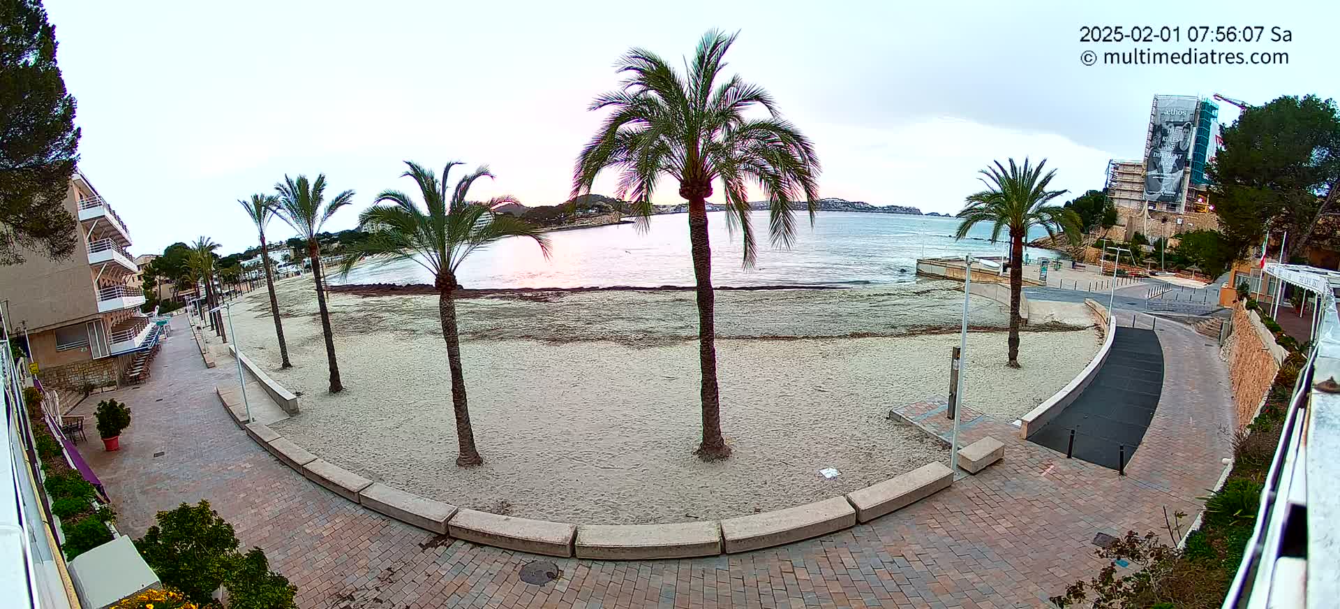 A mostly empty sandy beach with palm trees lines a paved walkway near buildings under an overcast sky.