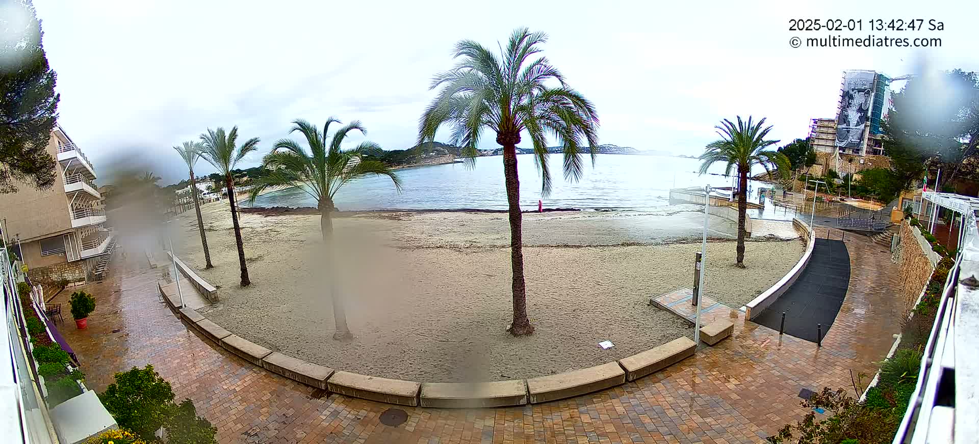 A rain-soaked sandy beach with palm trees and a brick walkway leading to a building, overlooking calm water.