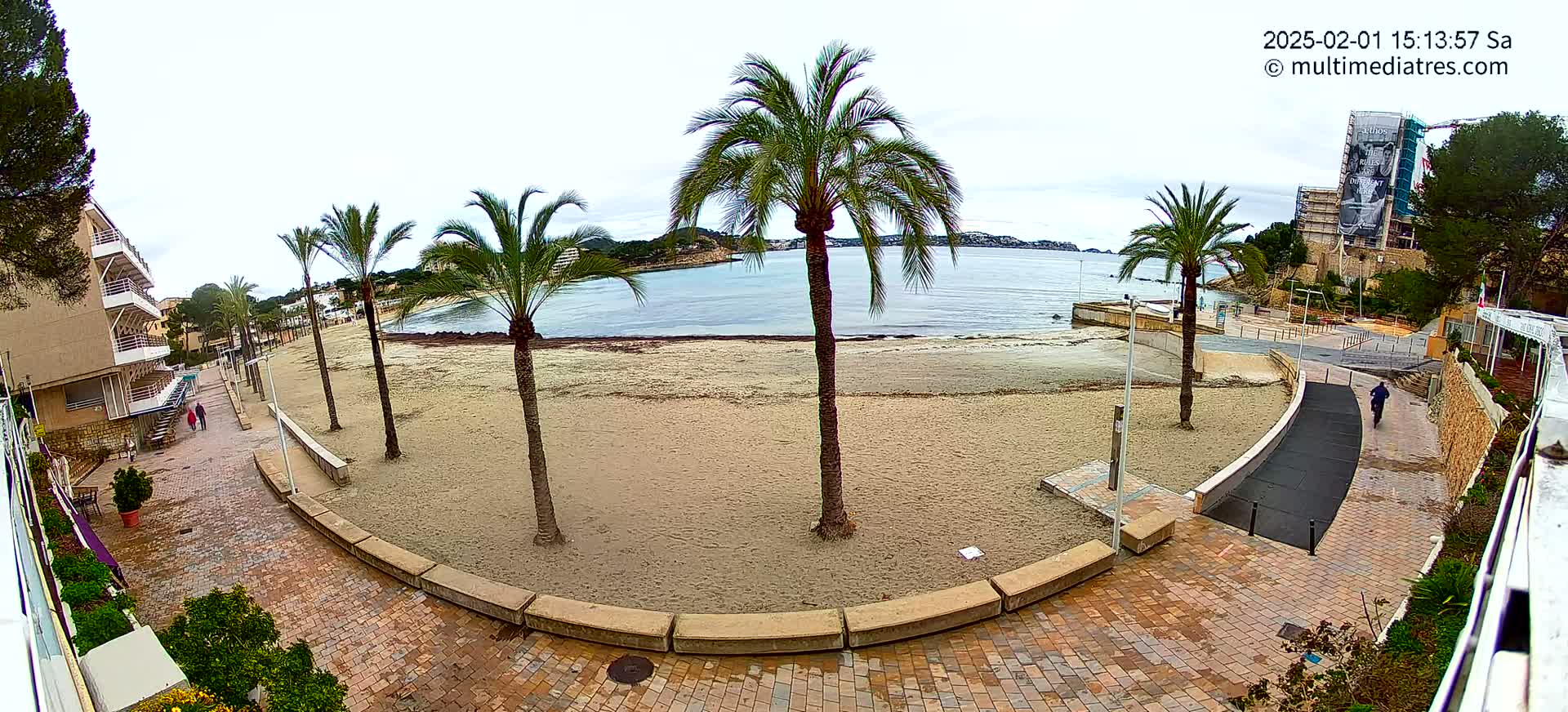 A sandy beach with several palm trees is visible from a paved walkway overlooking a calm body of water under an overcast sky.