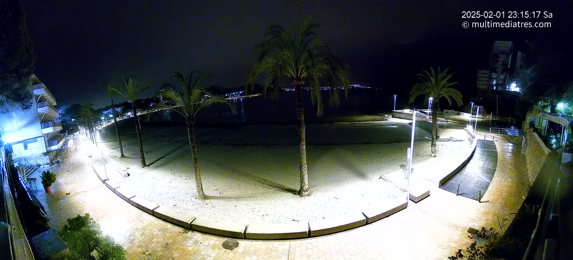 A nighttime, wet, beachside promenade with palm trees, buildings, and lights illuminated on a sandy beach.