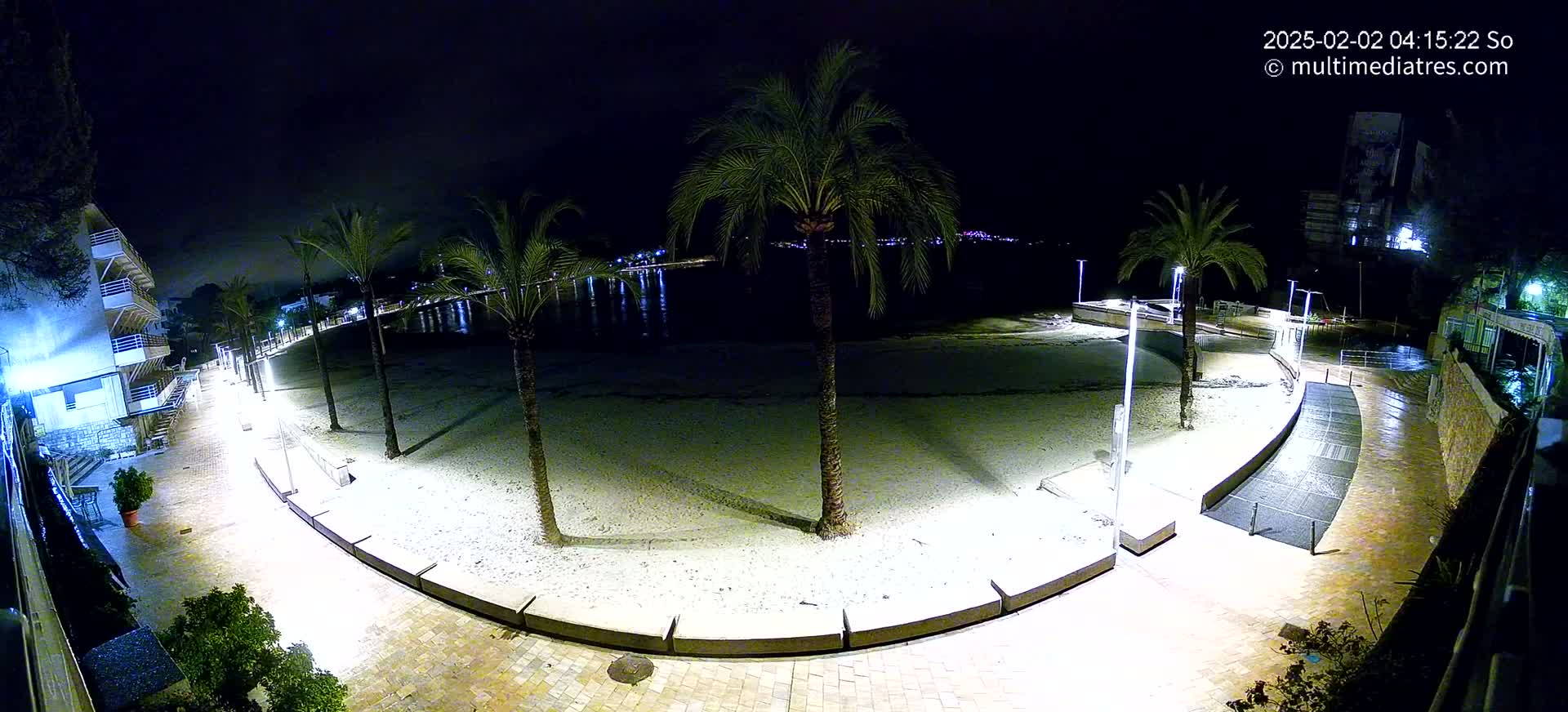 A nighttime, illuminated view of a sandy beach with palm trees, a paved walkway curving alongside it, and buildings visible in the background.