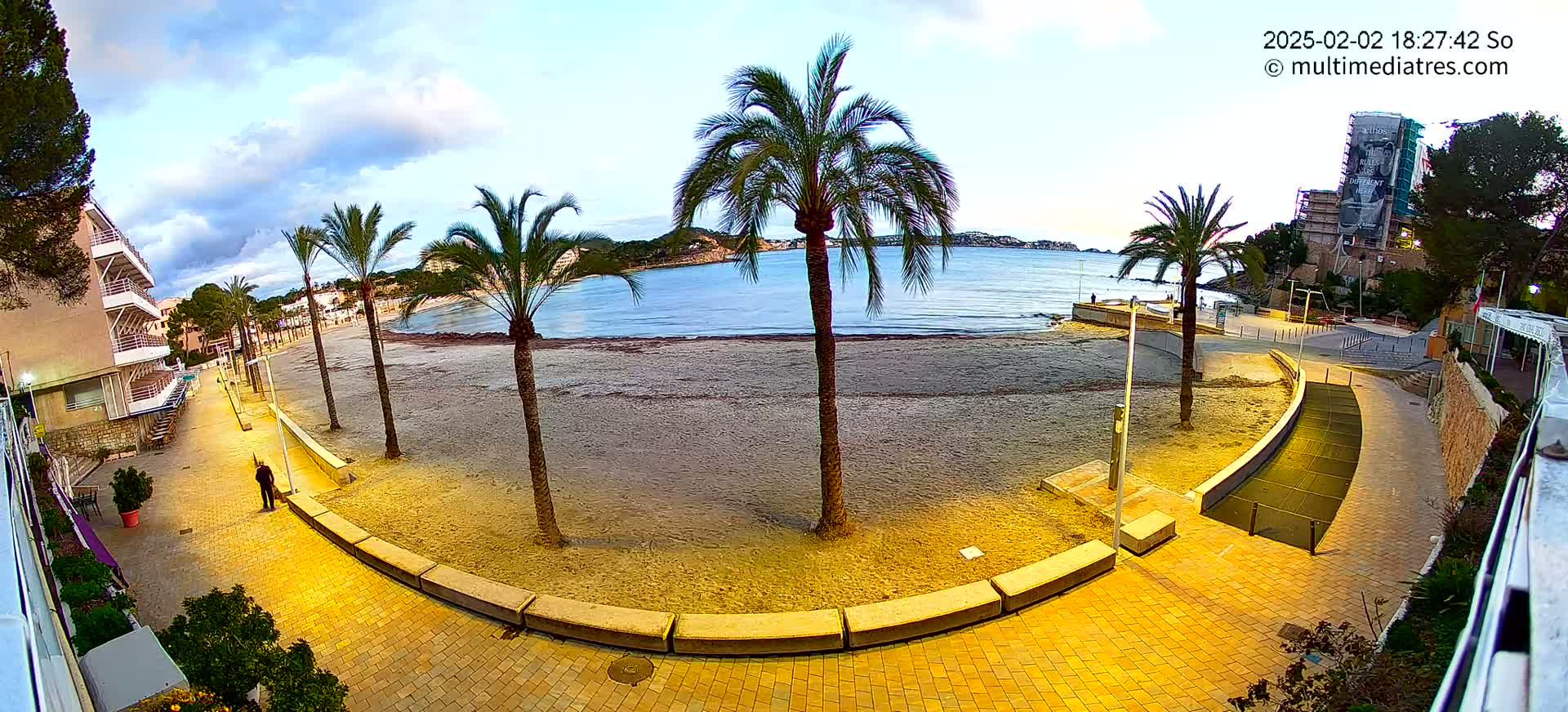 A sandy beach at dusk, with palm trees lining a paved walkway next to a calm body of water and buildings in the background.