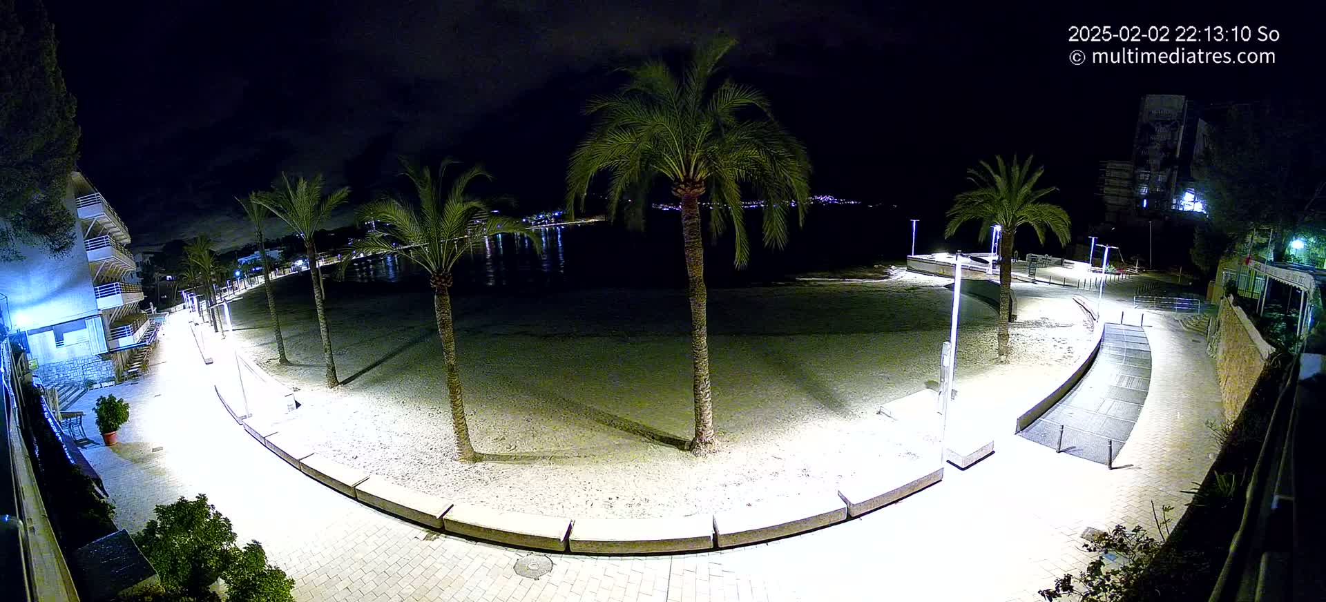 A nighttime view of a paved walkway curving along a sandy beach, lined with palm trees and illuminated by lights, overlooks a calm body of water with a distant city skyline visible.