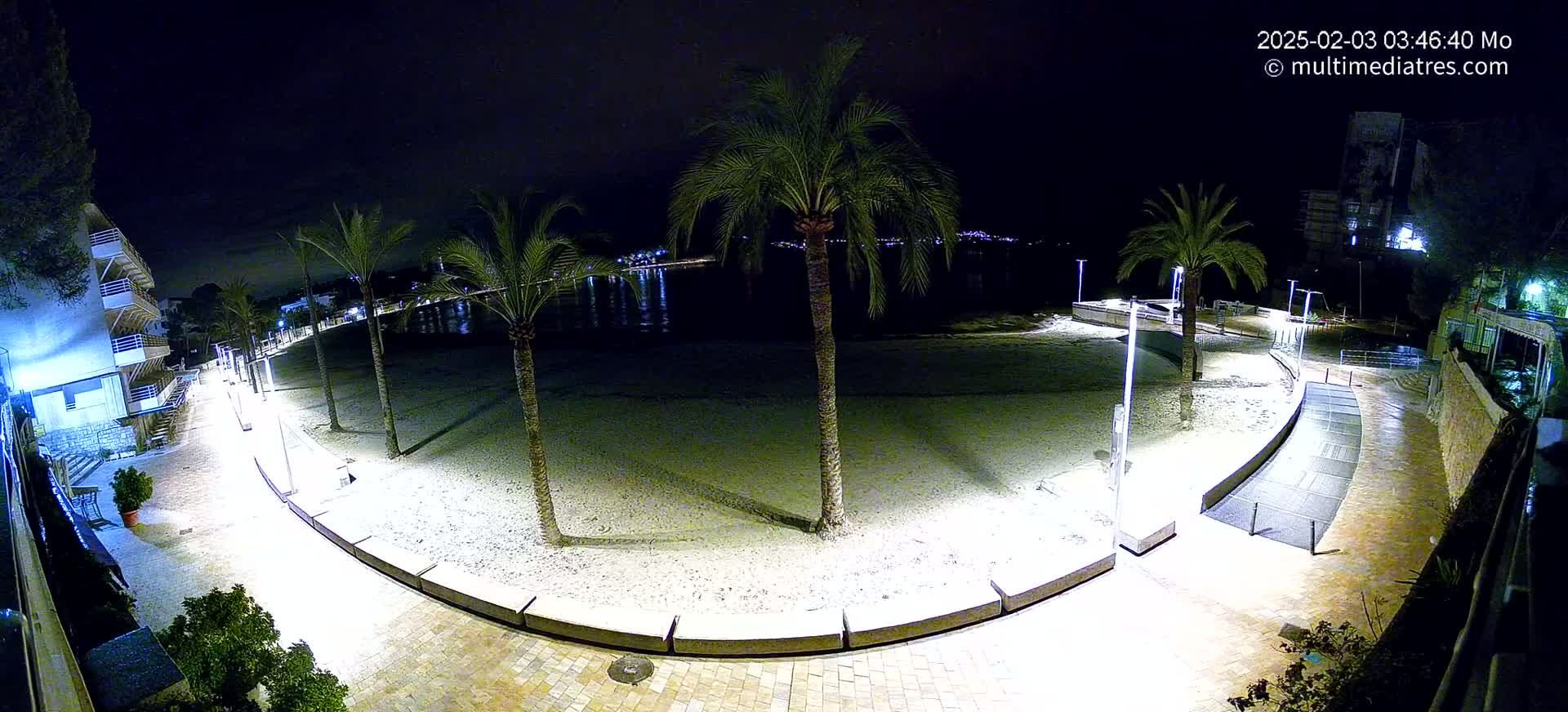 A nighttime view of a sandy beach, illuminated walkway, and palm trees, with calm water and distant lights visible across the bay.