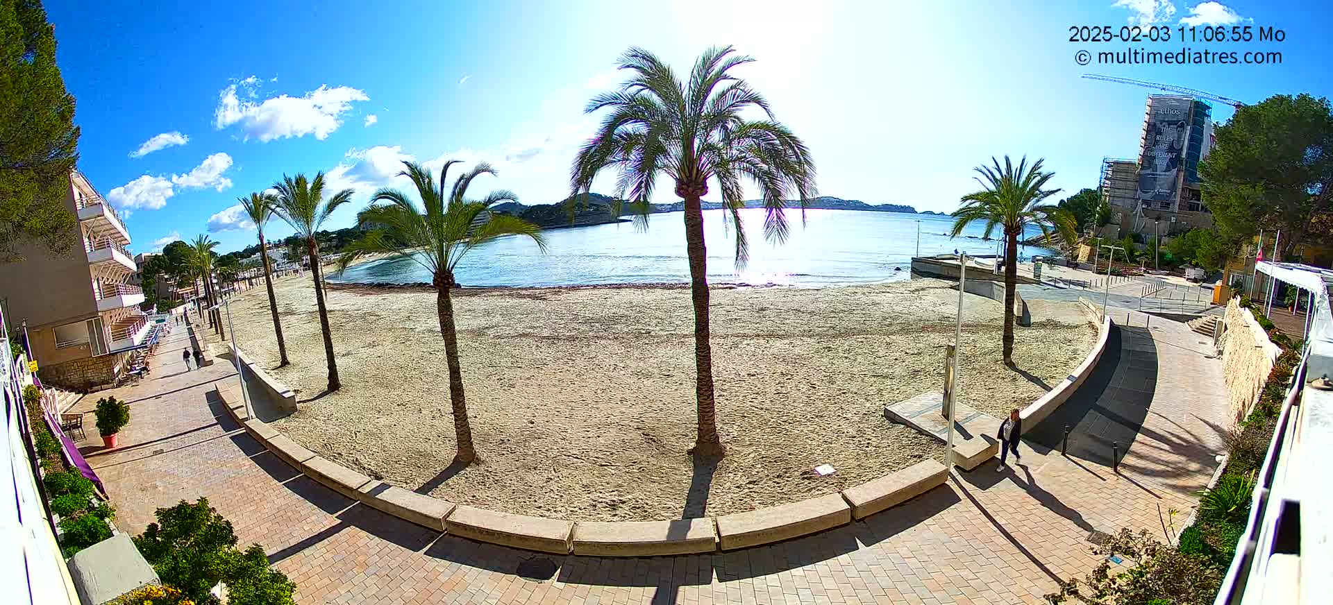 A sandy beach with palm trees and a paved walkway leading to a calm, sunny ocean under a mostly clear sky.