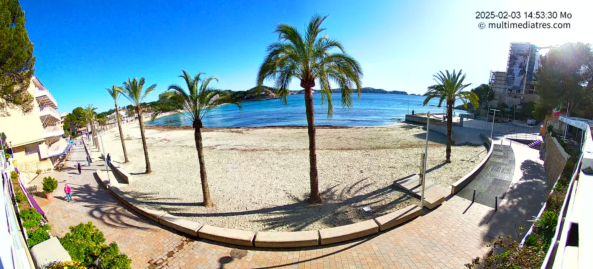 A mostly empty sandy beach with palm trees and buildings along a paved walkway under a clear blue sky.