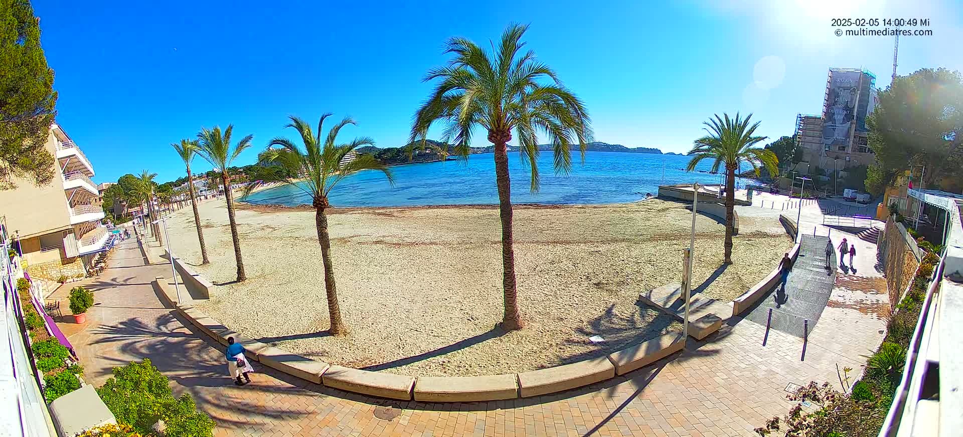 A mostly empty sandy beach with palm trees lines a paved walkway next to calm blue water under a clear sunny sky.