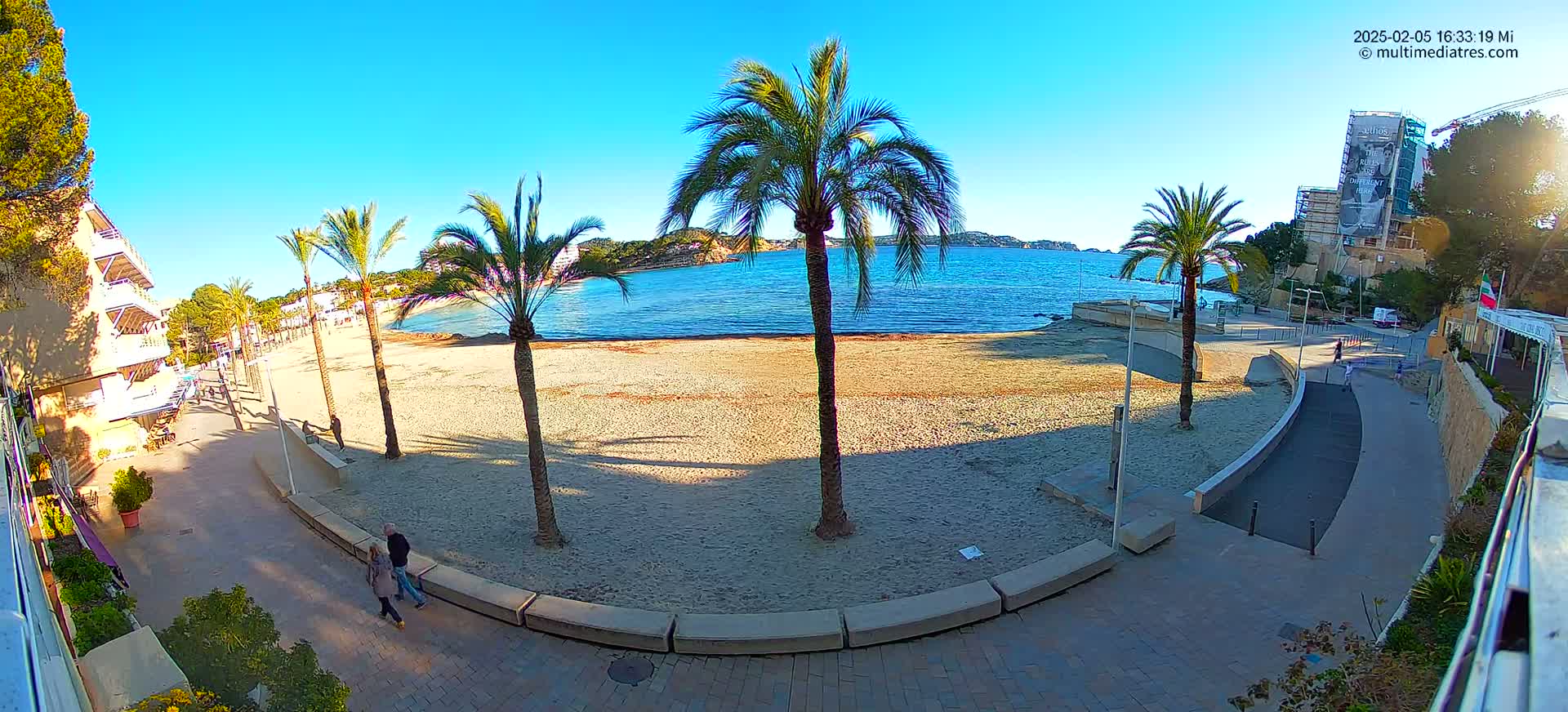 A sandy beach with palm trees and a paved walkway is seen on a sunny day, next to calm blue water and buildings.