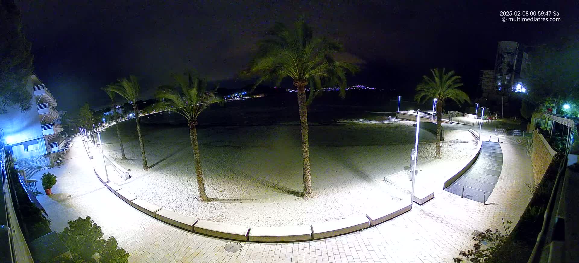 A nighttime view of a sandy beach with palm trees lining a paved walkway, illuminated by streetlights, under a dark, clear sky.