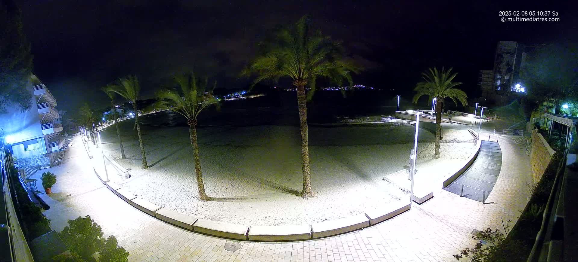 A nighttime view of a sandy beach at the edge of a paved walkway, lined with palm trees and illuminated by streetlights.