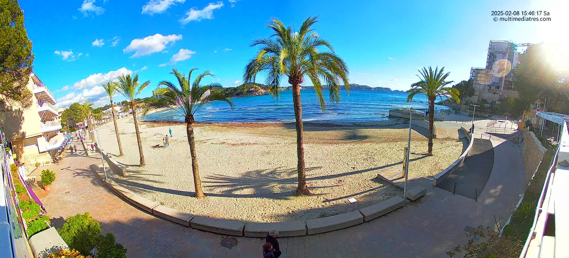 A sandy beach with palm trees, a calm ocean, and buildings in the background under a sunny sky with a few clouds.